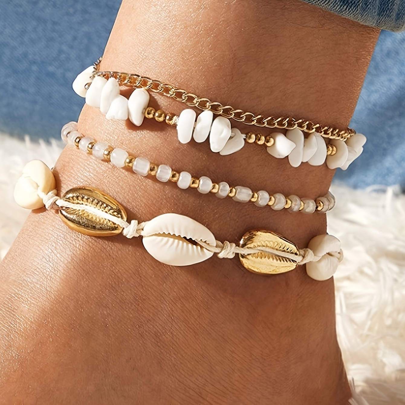 

4 Pcs Set Of Delicate Shell Imitation Pearl Design Anklet Bohemian Vintage Style For Women Summer Beach Foot Decor