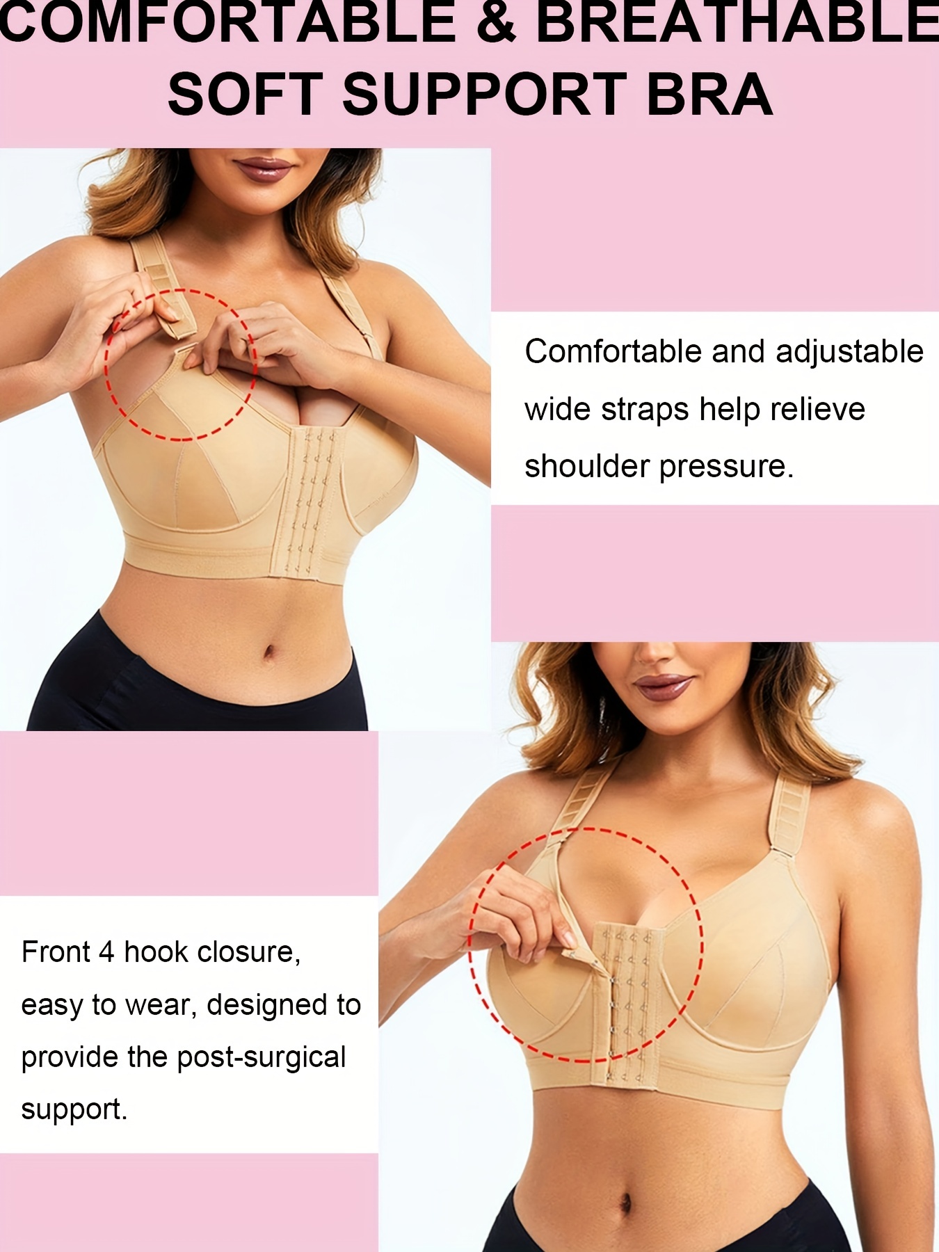 BRABIC Women Post-Surgical Sports Support Bra with Adjustable Straps -  Front Closure and Wirefree