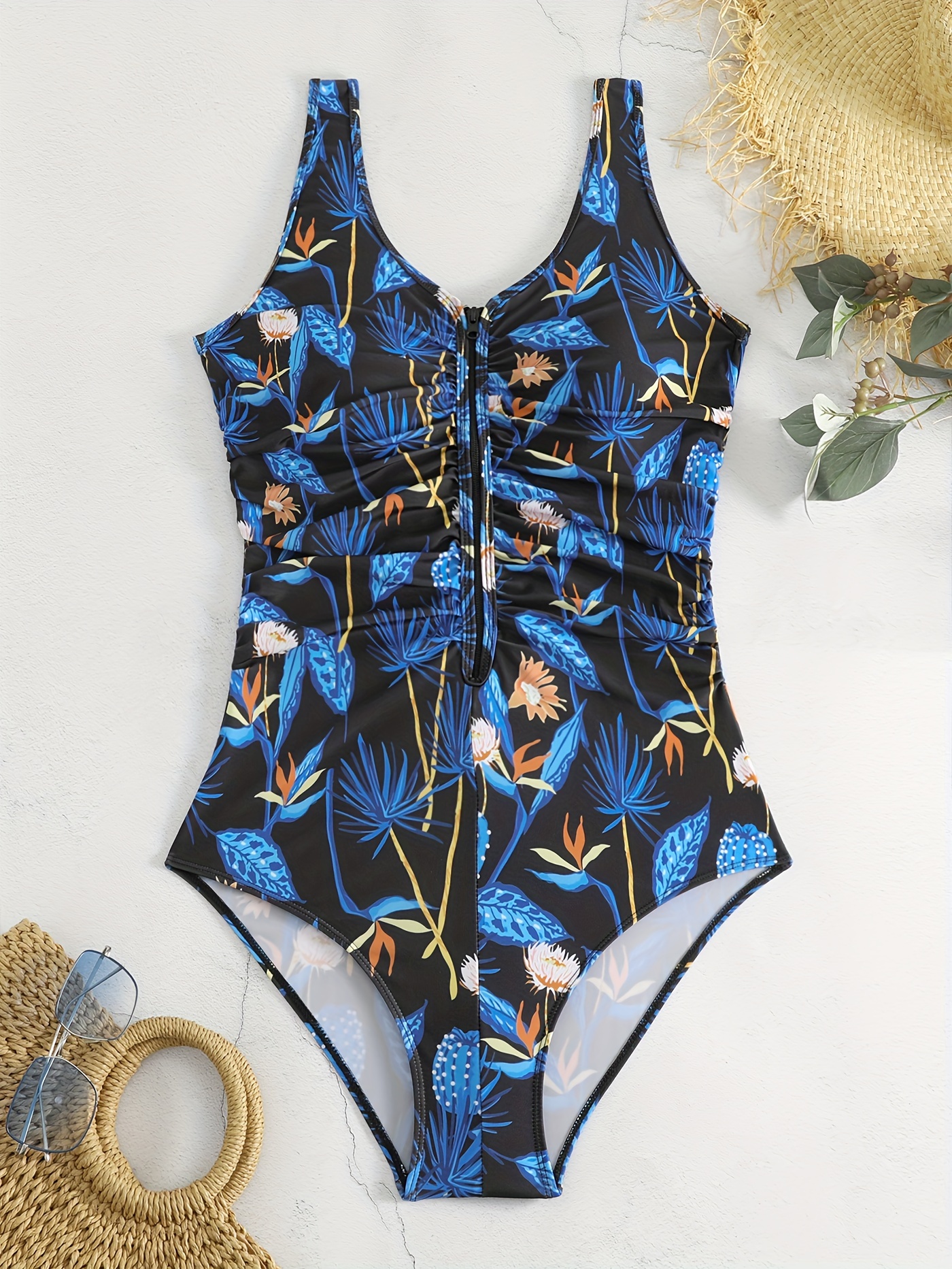 Plus Size Boho Swimsuit Women's Plus Tropical Print Zipper - Temu Australia