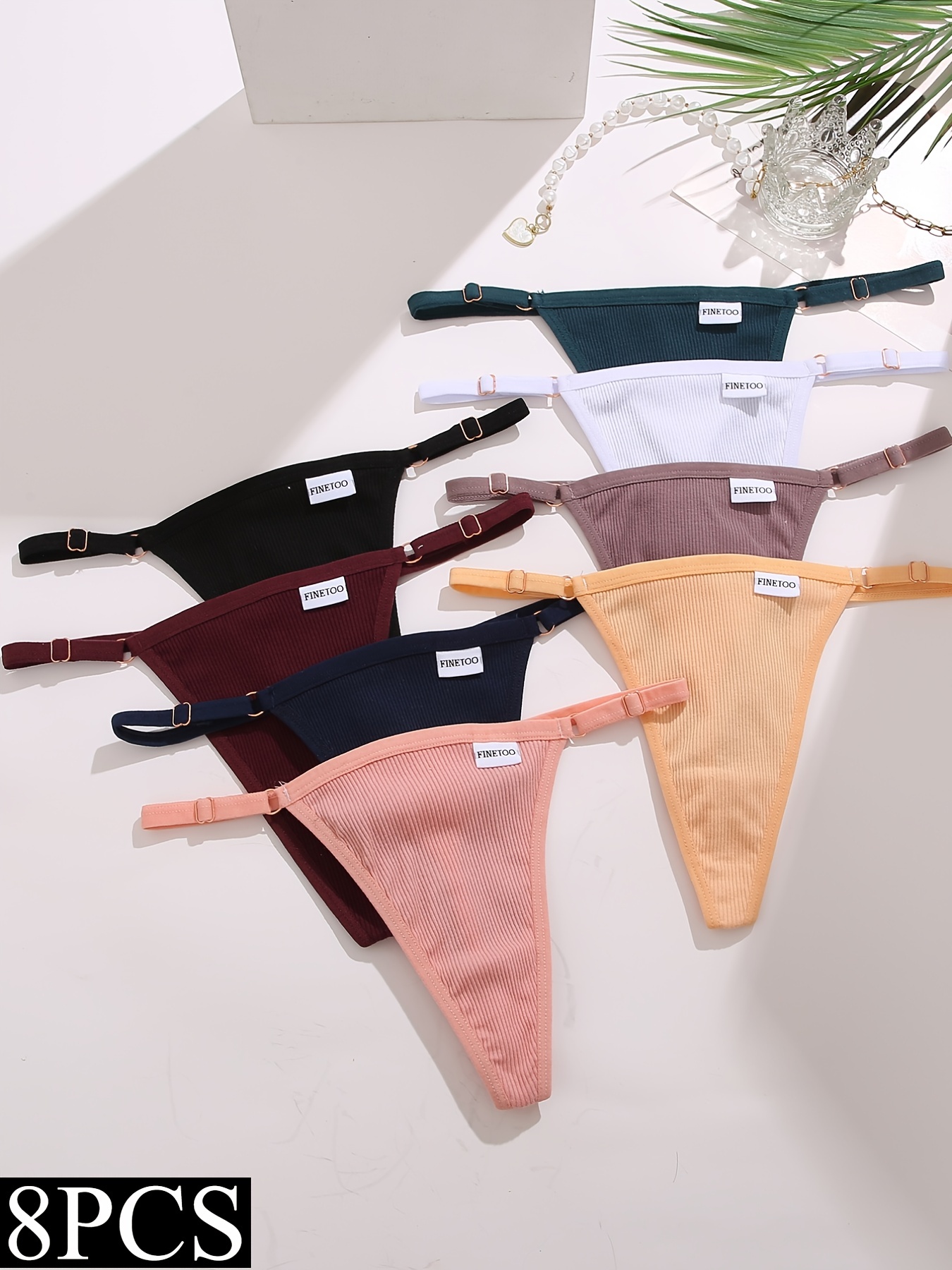 8 Pcs Women's Adjustable Belted Sexy Ribbed Thong Panties, Breathable Micro  Elastic Cotton Panties, Women's Lingerie & Underwear