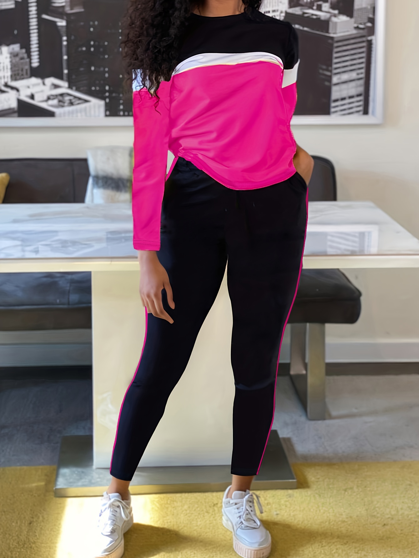 pink crewneck and leggings outfit