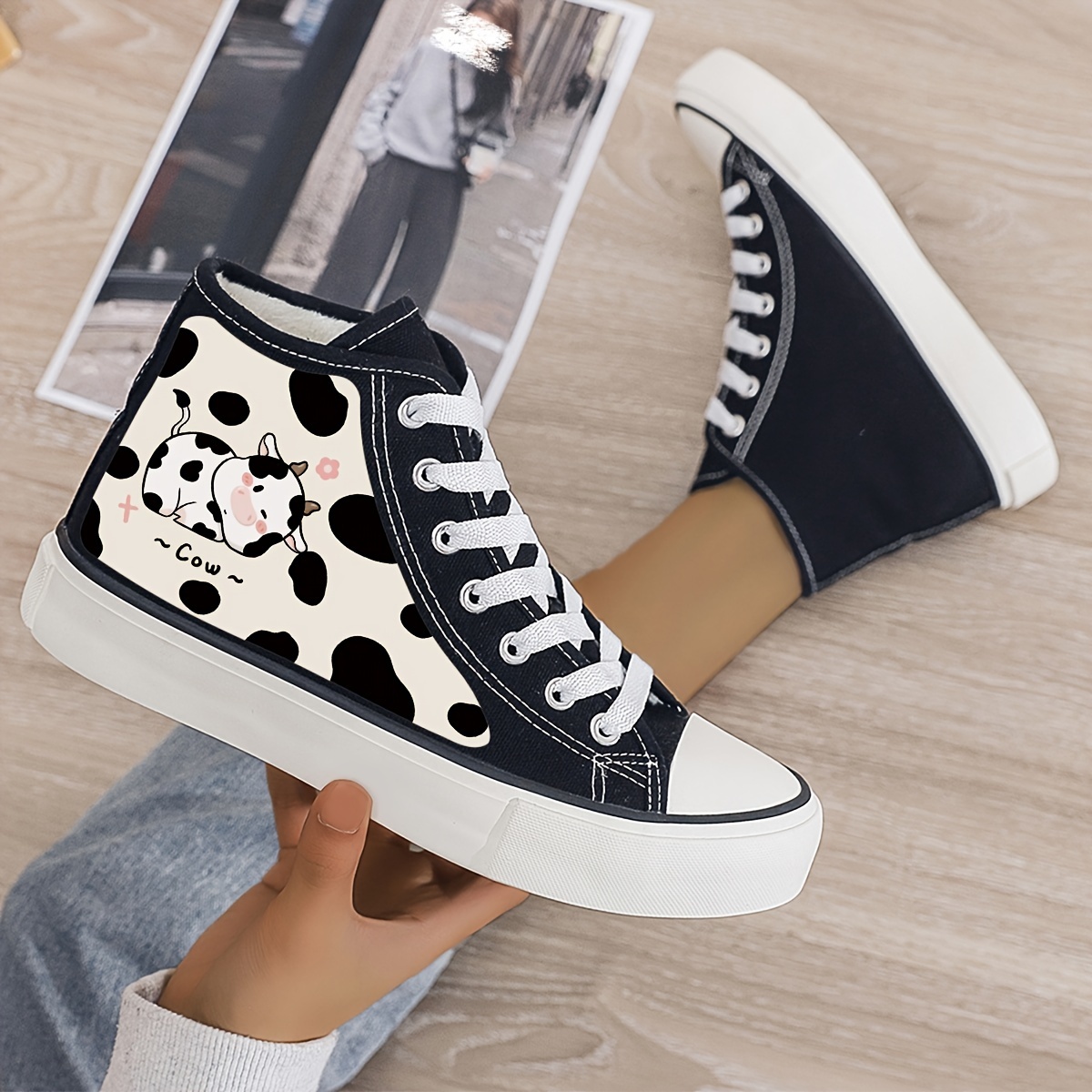 Cow Print Plush Lined Chunky Canvas Sneakers