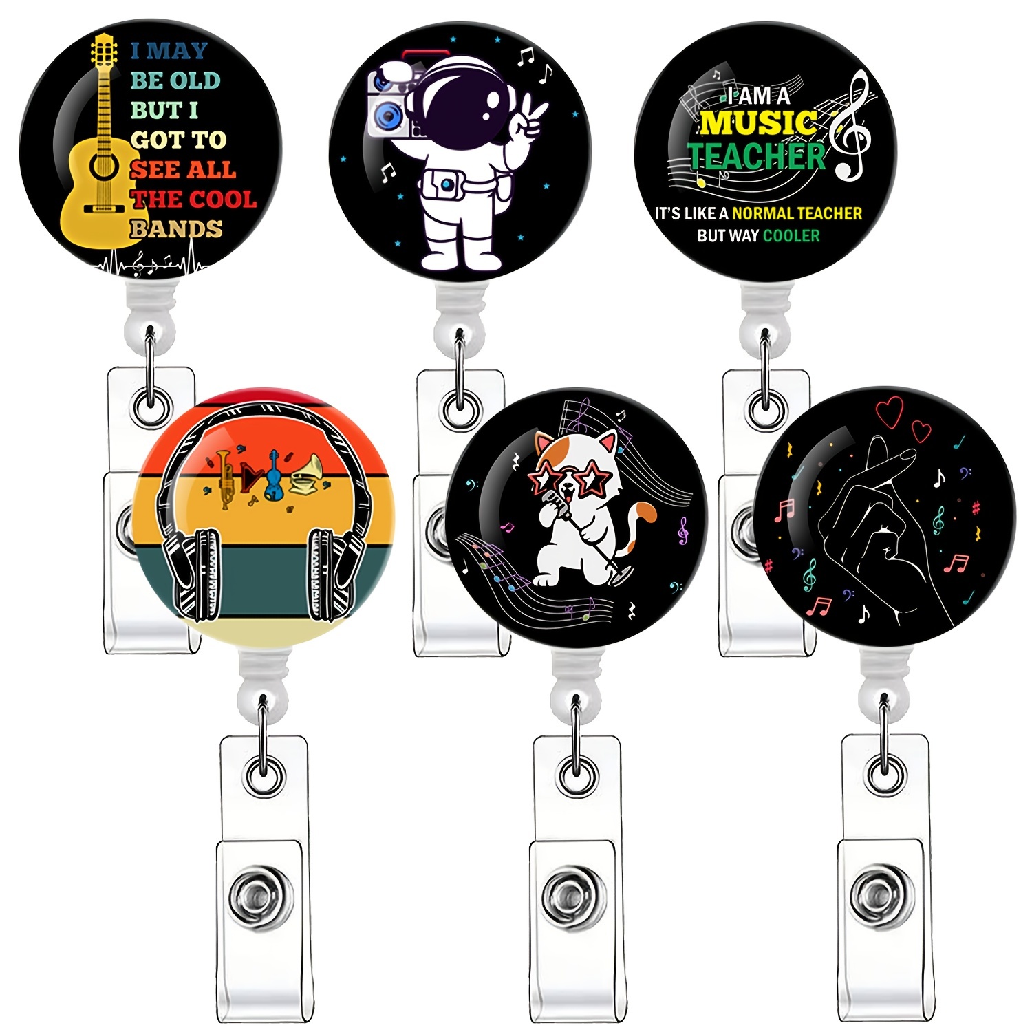 6pcs Funny Music Style Badge Reel Retractable Badge Holders For