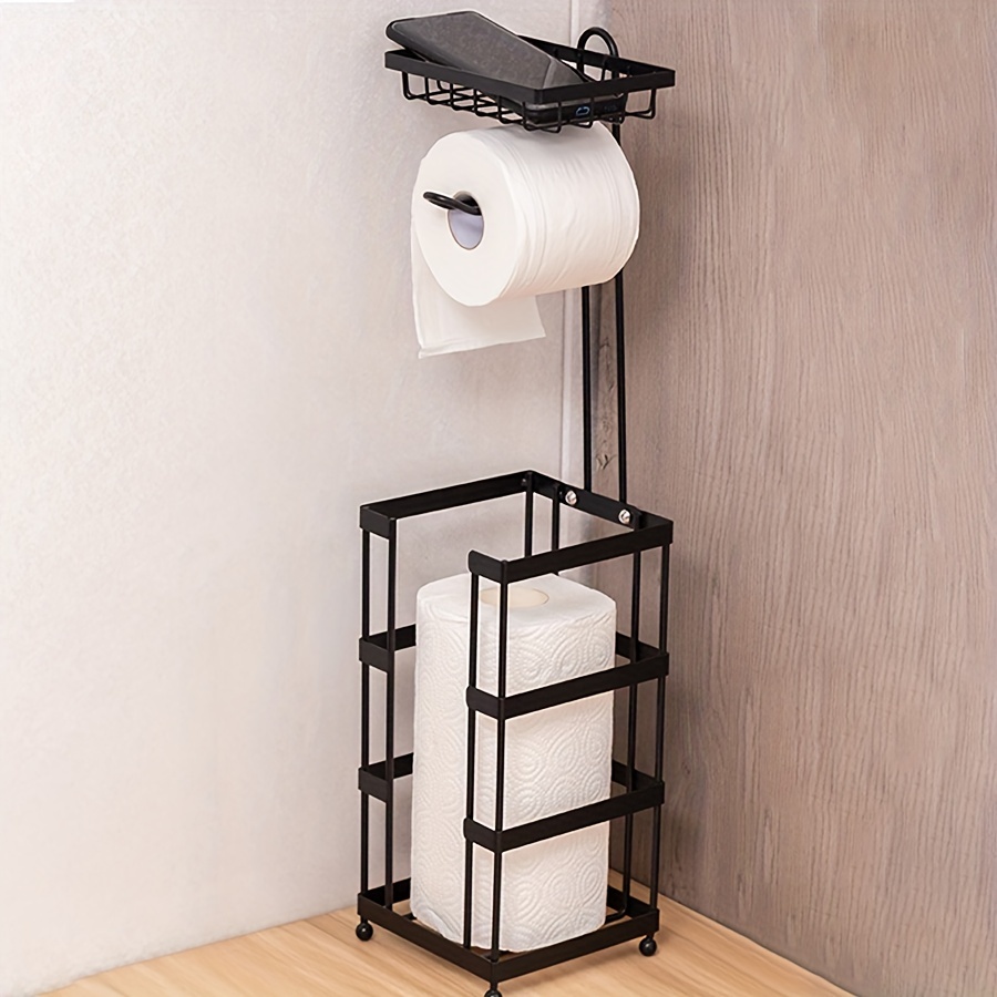 Toilet Paper Holder With Bamboo Top Shelf, Freestanding Black Toilet Paper  Stand, Floor Standing Tissue Paper Rack, Holds Up To 4 Spare Rolls