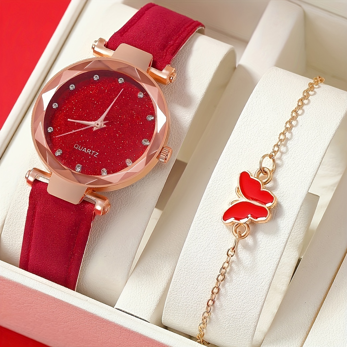 

1pc Simple Zinc Alloy Quartz Watch With Round Rhinestone Dial + 1pc Butterfly Bracelet Red Black