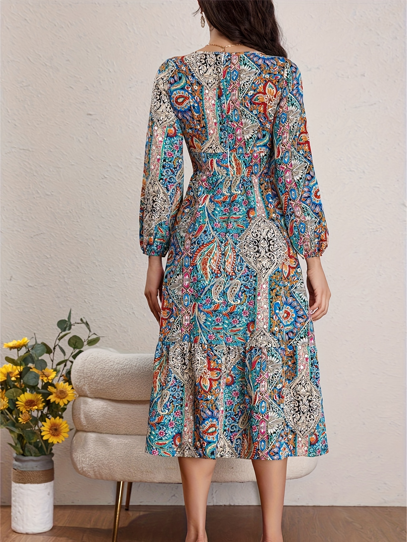 Paisley Print Shirred Dress, Boho V-hals Långärmad Midiklänning, Damkläder