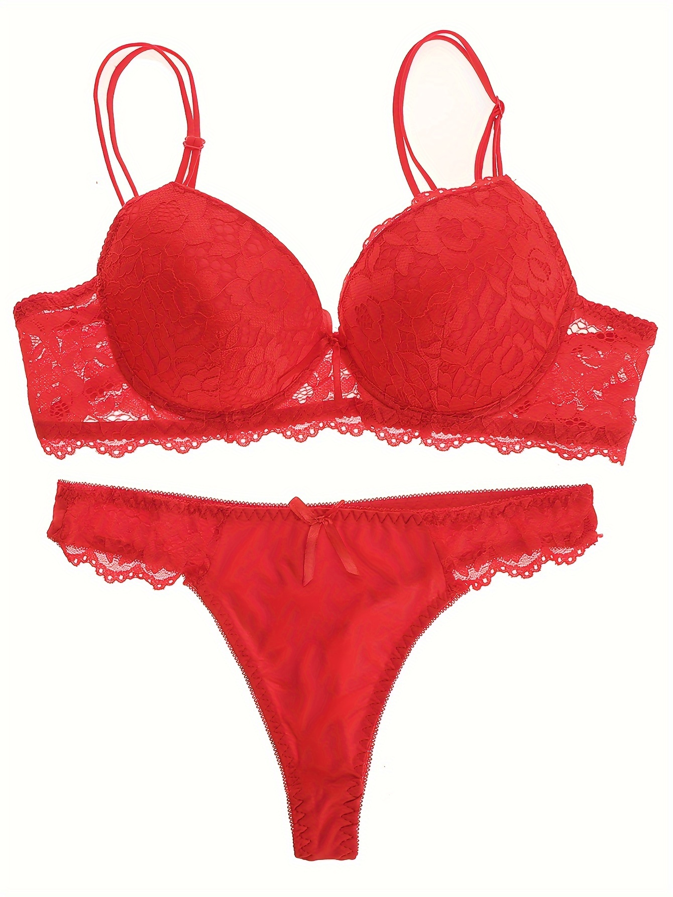 Elegant Solid Contrast Lace Bow Bra & Panties, Intimates Bra & Thong  Lingerie Set, Women's Lingerie & Underwear