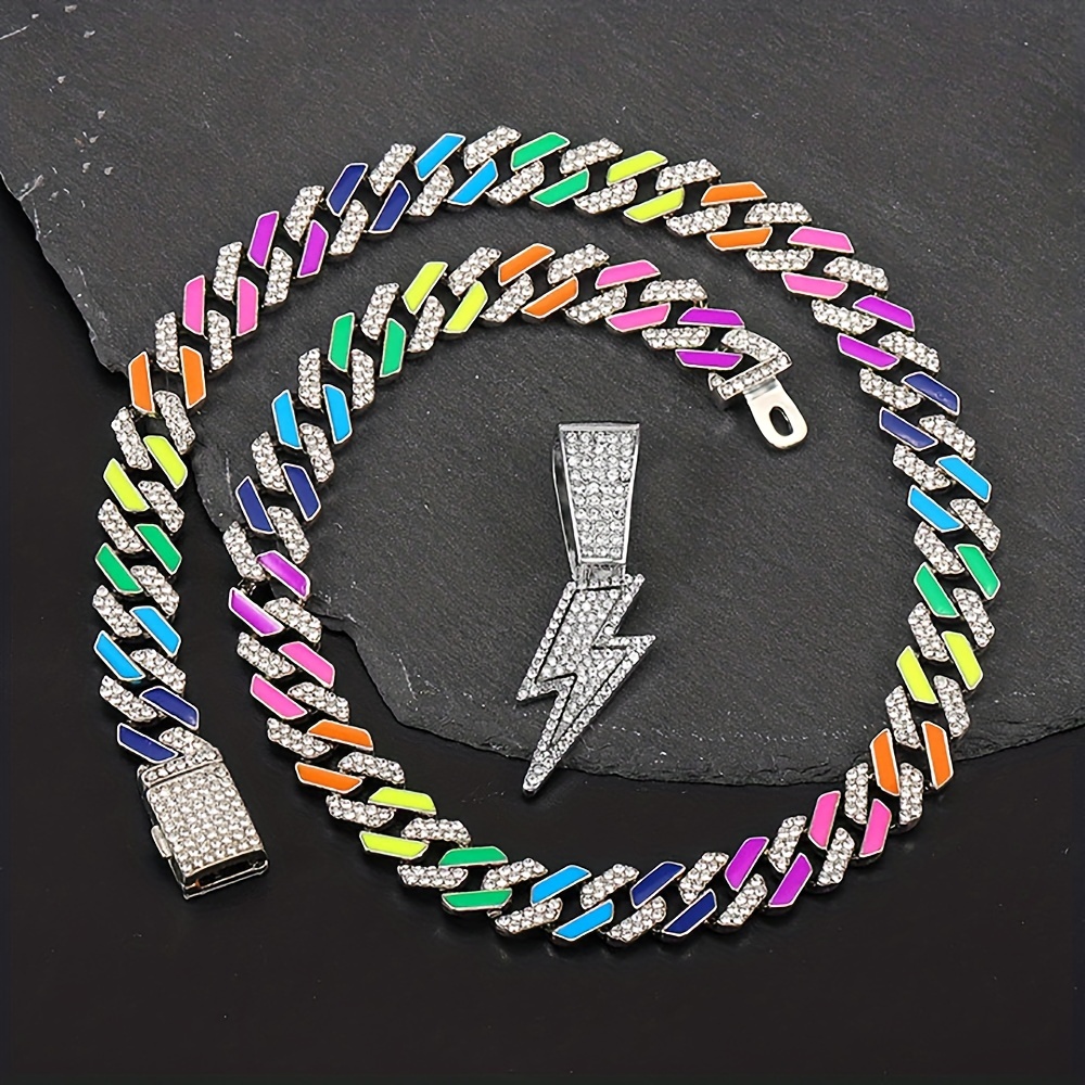 Iced Out Lightning Pendant Necklace With Colorful Cuban Link Chain