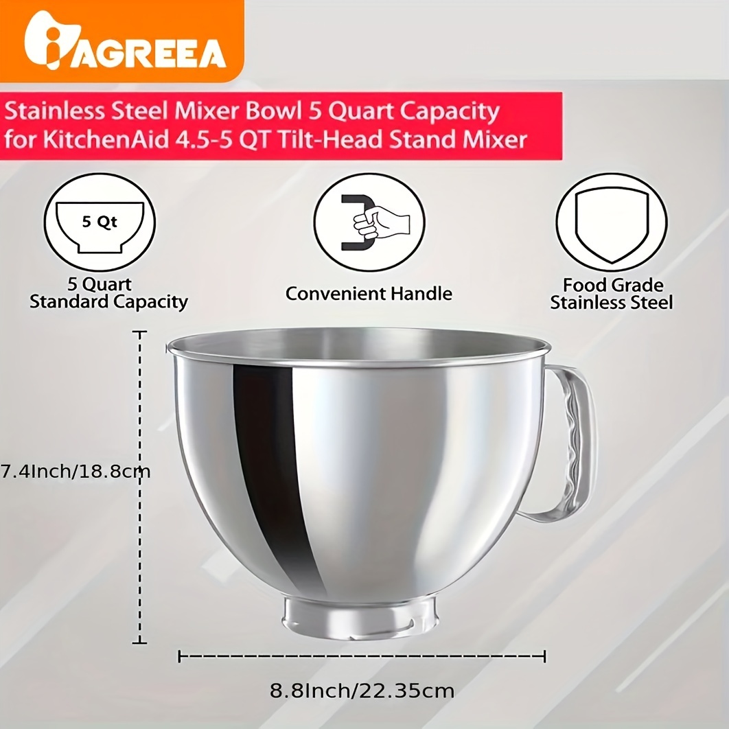 5 QT Stainless Steel Mixer Bowl for Kitchenaid Stand Mixers, Kitchen Aid  Mixing Bowl for 4.5-5 QT Tilt-Head Mixer with Handle