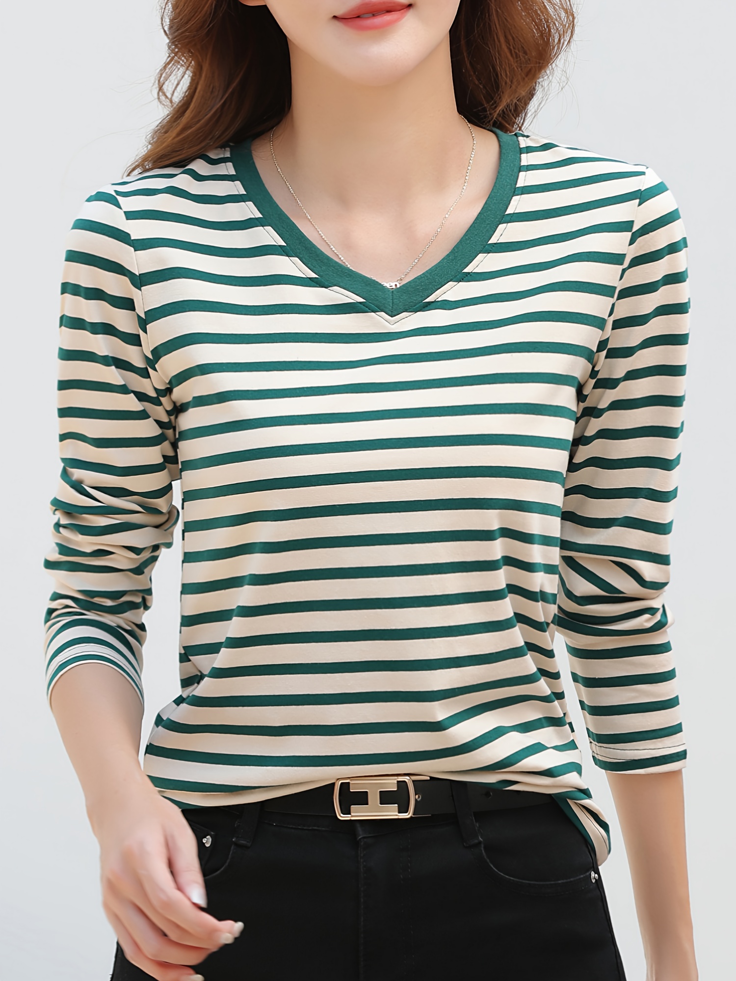 striped long sleeve t shirt v neck casual top for spring fall womens clothing green 0