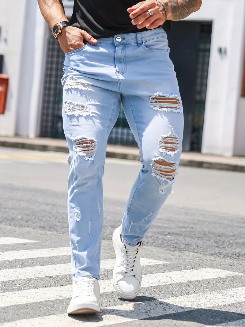 Slim Fit Ripped Jeans, Men's Casual Street Style Distressed * Stretch Denim  Pants For Spring Summer