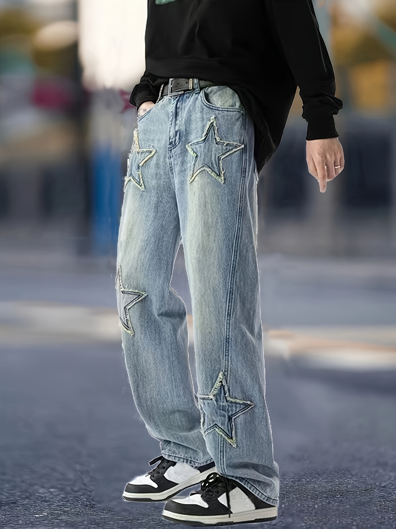 Y2k Men's Star Pattern Wide Leg Jeans Casual Street Style - Temu