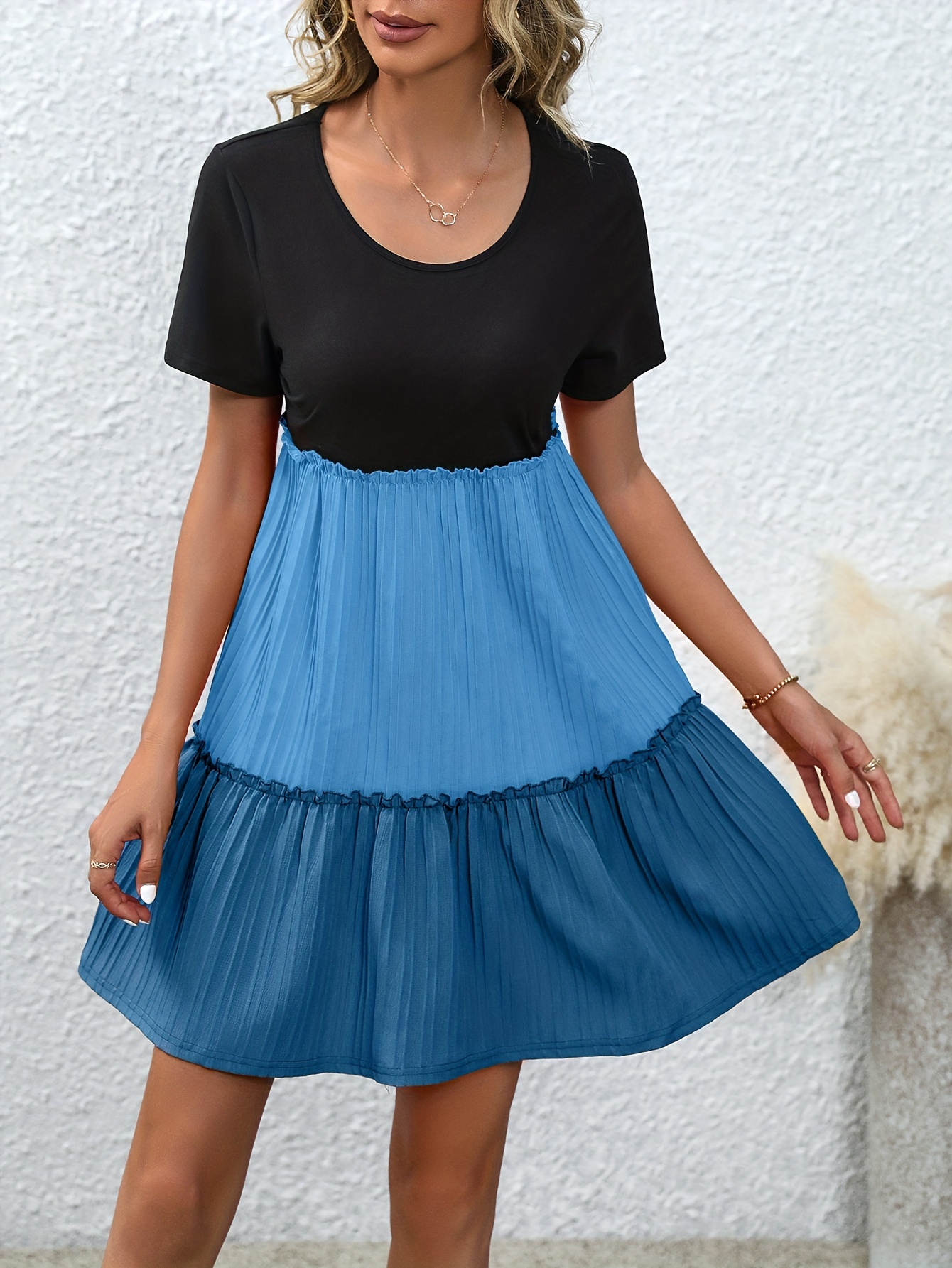 Color Block Tiered Dress Casual Crew Neck Short Sleeve Dress Temu