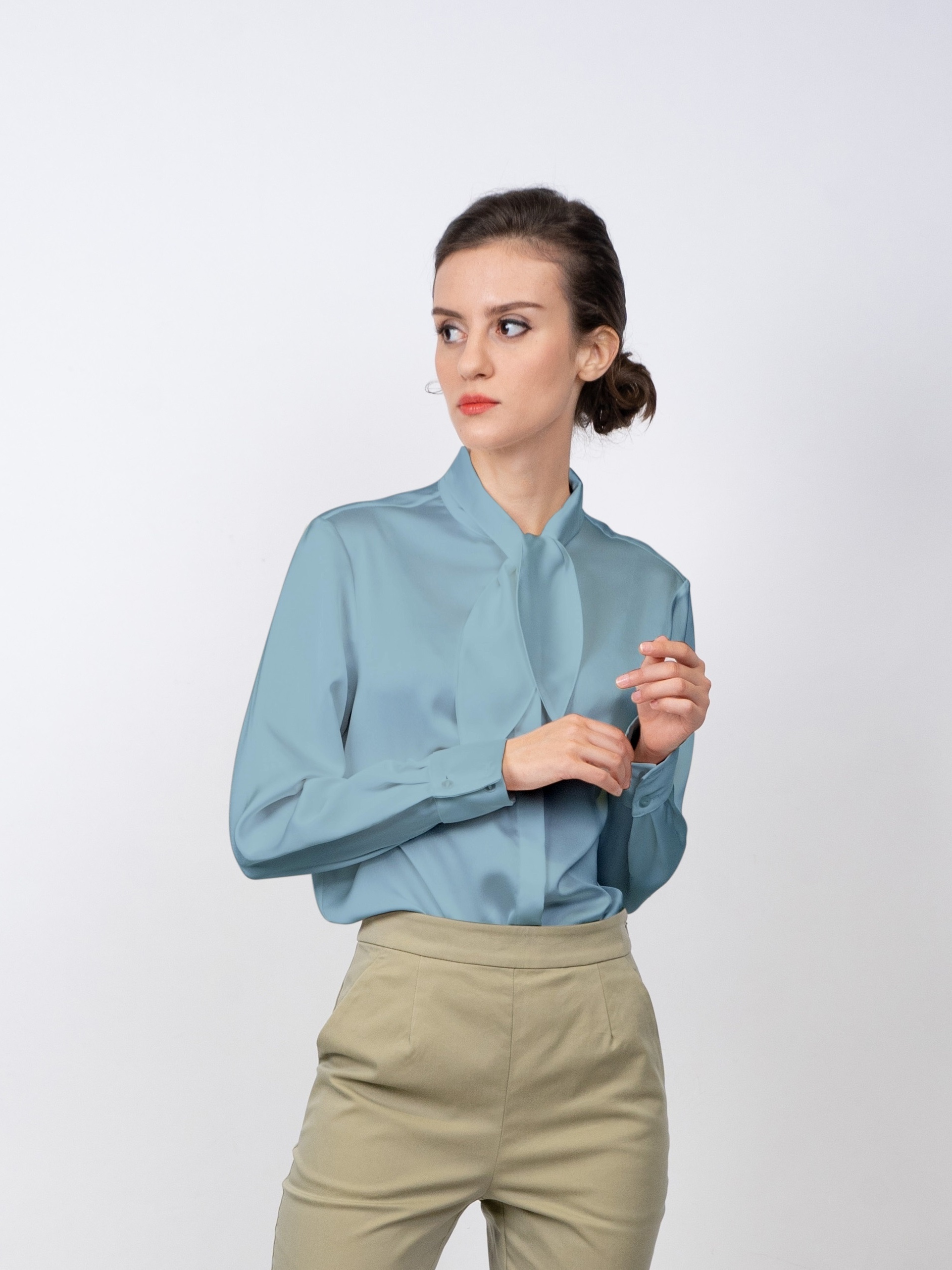 Fashion Women Blouses & Shirts Sky Blue Long Sleeve Office Ladies