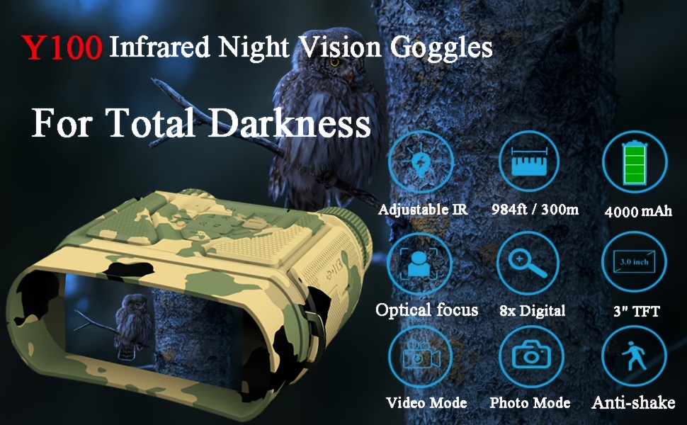 Gafas De Visión Nocturna, Binoculares De Visión Nocturna, Gafas Infrarrojas  Digitales Con Pantalla Para Ver 984 Pies/300 M En 100% Oscuridad, Video FH