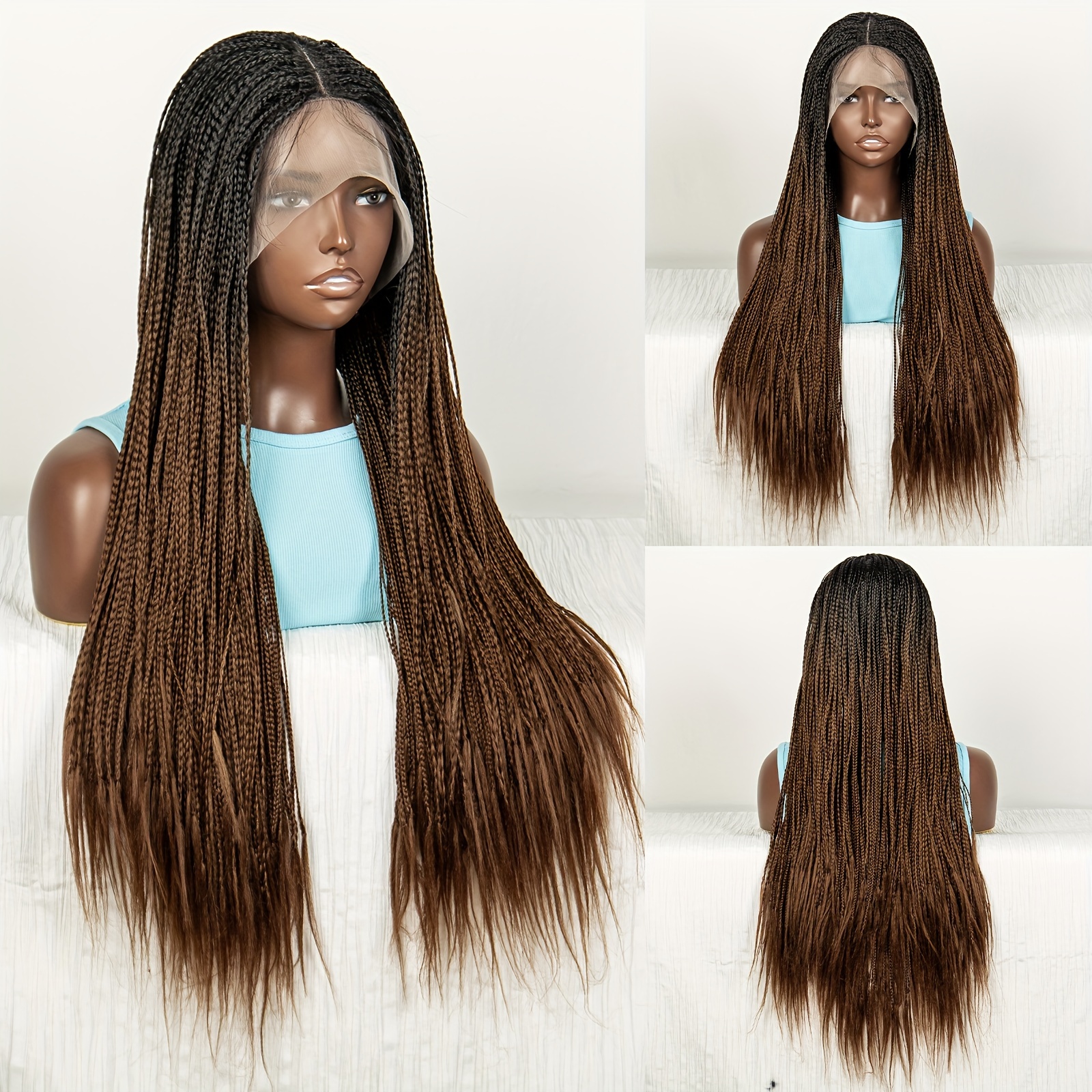 Box Braided Lace Front Wigs for Black Women 28 Long Micro Braids T Part  Wigs Ombre Brown Synthetic Wigs With Small Braids (Lace Wig, 1b/30)