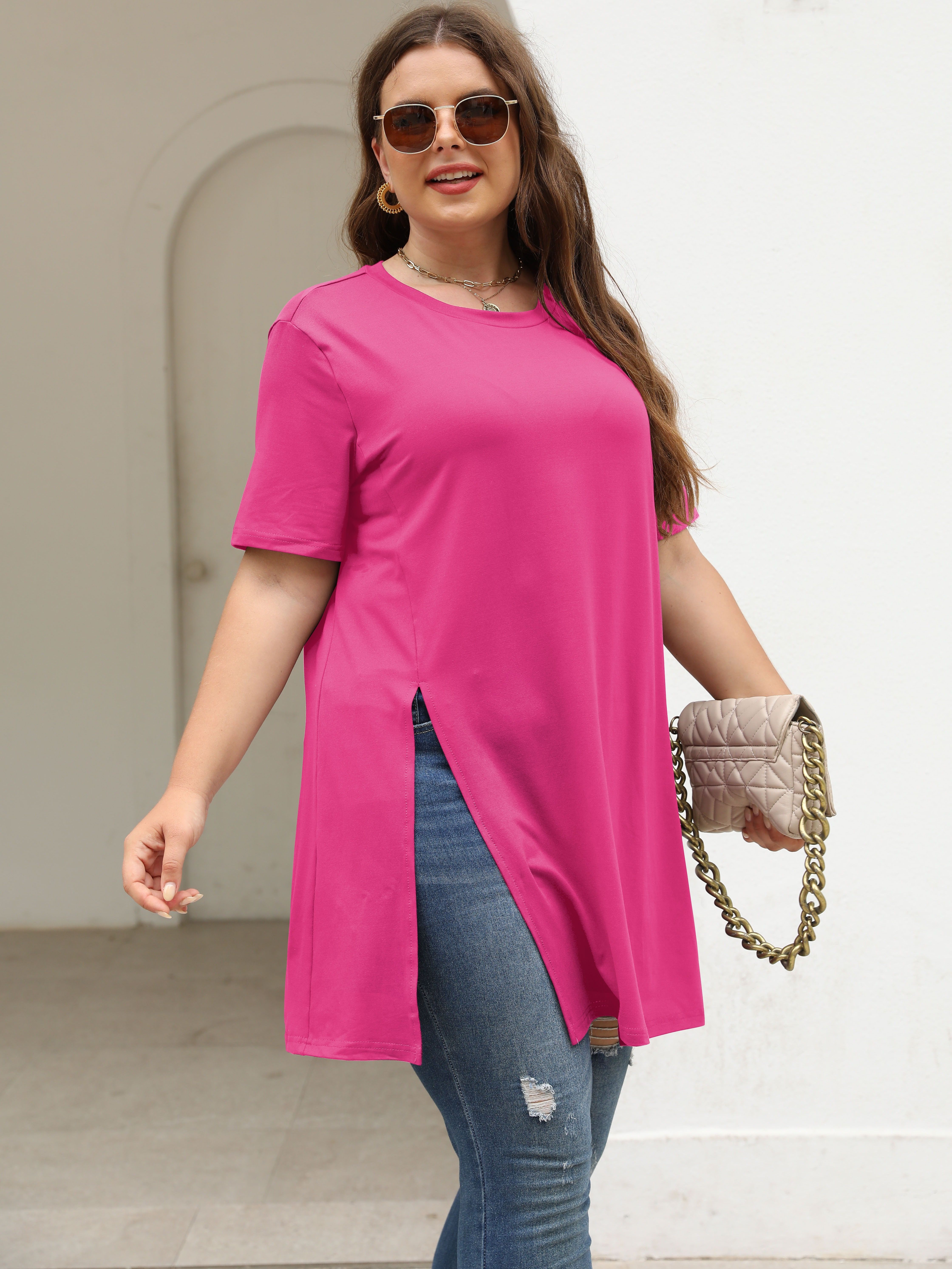 Sexy Solid Round Neck Short Sleeve Hot Pink Plus Size T-shirts (Women's)