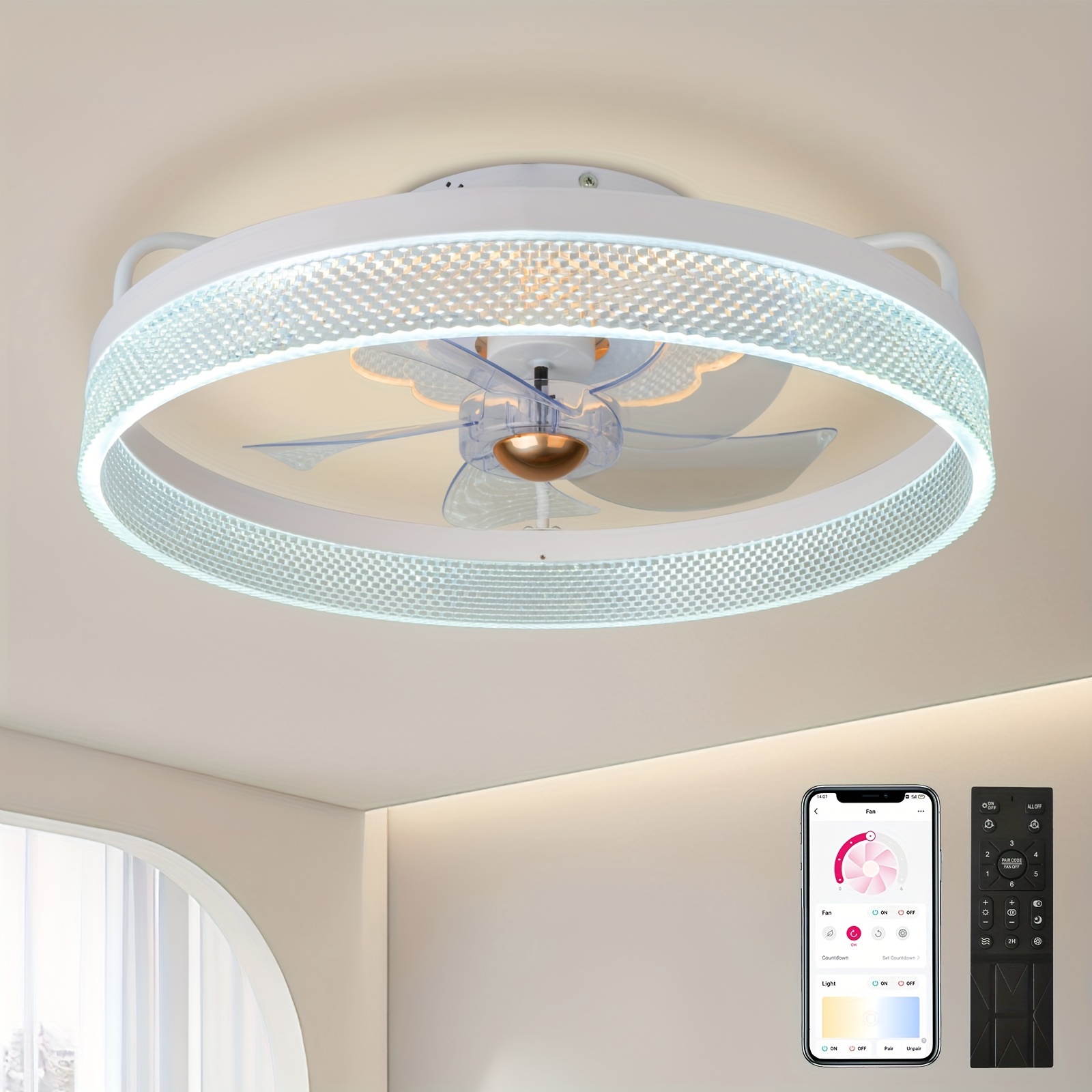 Lámpara de techo LED con ventilador, montaje empotrado, moderno ventilador  de techo regulable para interiores con control remoto, 3 cambios de color