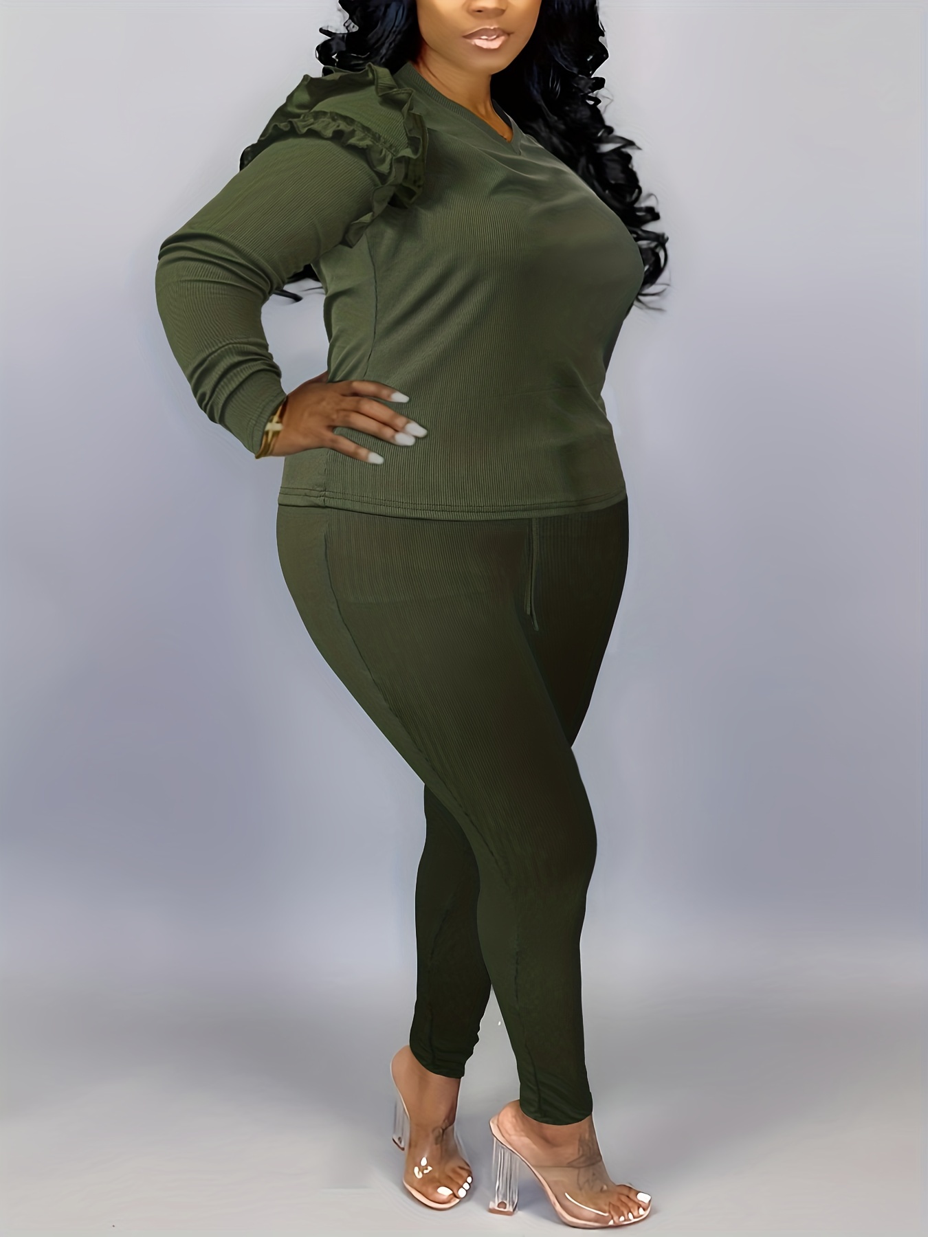 Plus Size Casual Outfits Two Piece Set, Women's Plus Solid Ribbed Lettuce  Trim Long Sleeve V Neck Top & Leggings Outfits 2 Piece Set