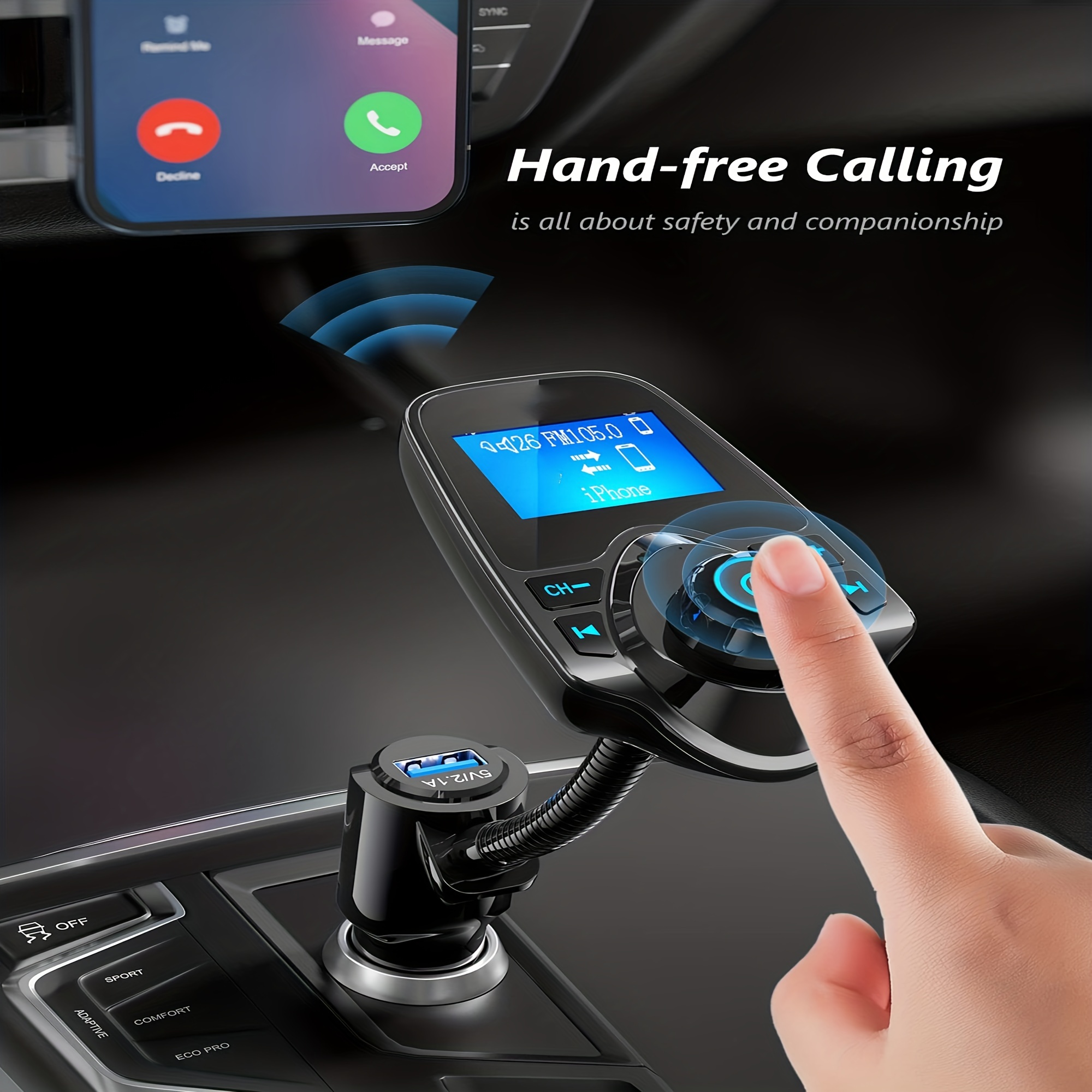 Nulaxy Bluetooth Car FM Transmitter Audio Adapter Receiver Wireless Handsfree Voltmeter Car Kit TF Card Aux 1.44 Display - KM18 Black Matte