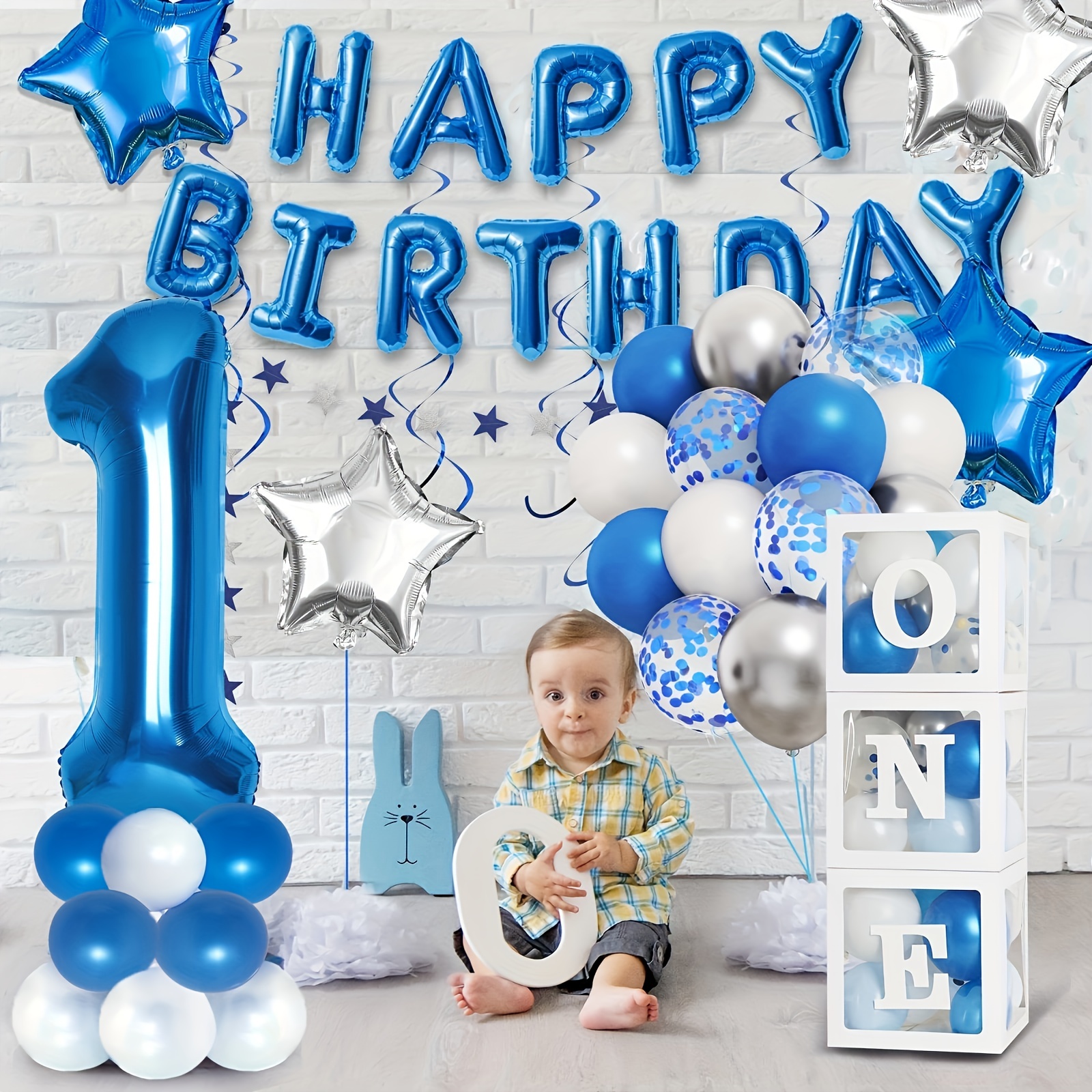 First Birthday Balloon 'ONE' Boxes for Baby Boy WITH 24 Balloons Baby 1st  Birthday Boy Decorations Clear Cube Blocks 'ONE' Letters 