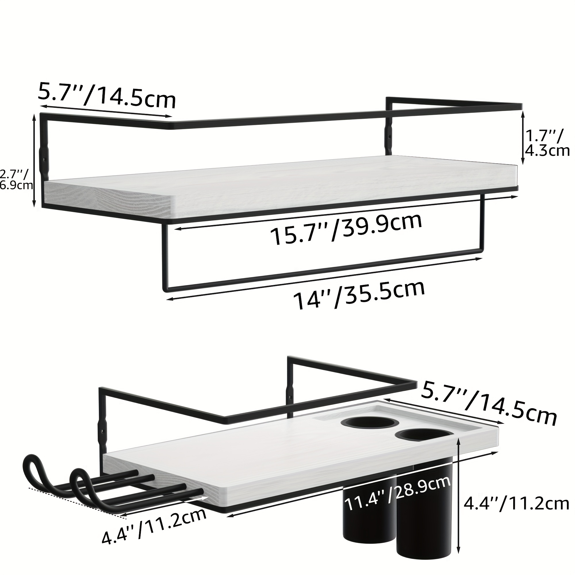 ZGO Floating Shelves for Wall Set of 2, Wall Mounted Storage Shelves with  Black Metal Frame and Towel Rack for Bathroom, Bedroom, Living Room