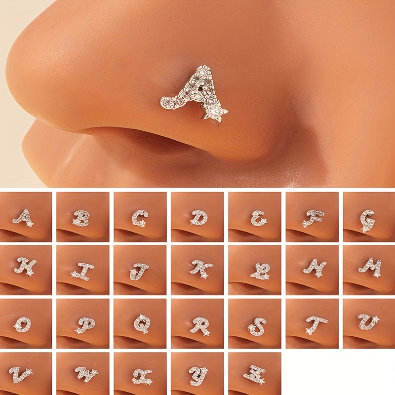 

1pc 26 Letters Nose Ring Inlaid Shiny Zircon Nose Stud Nail Ring L-shaped Nose Nail Nose Piercing Ornament Female