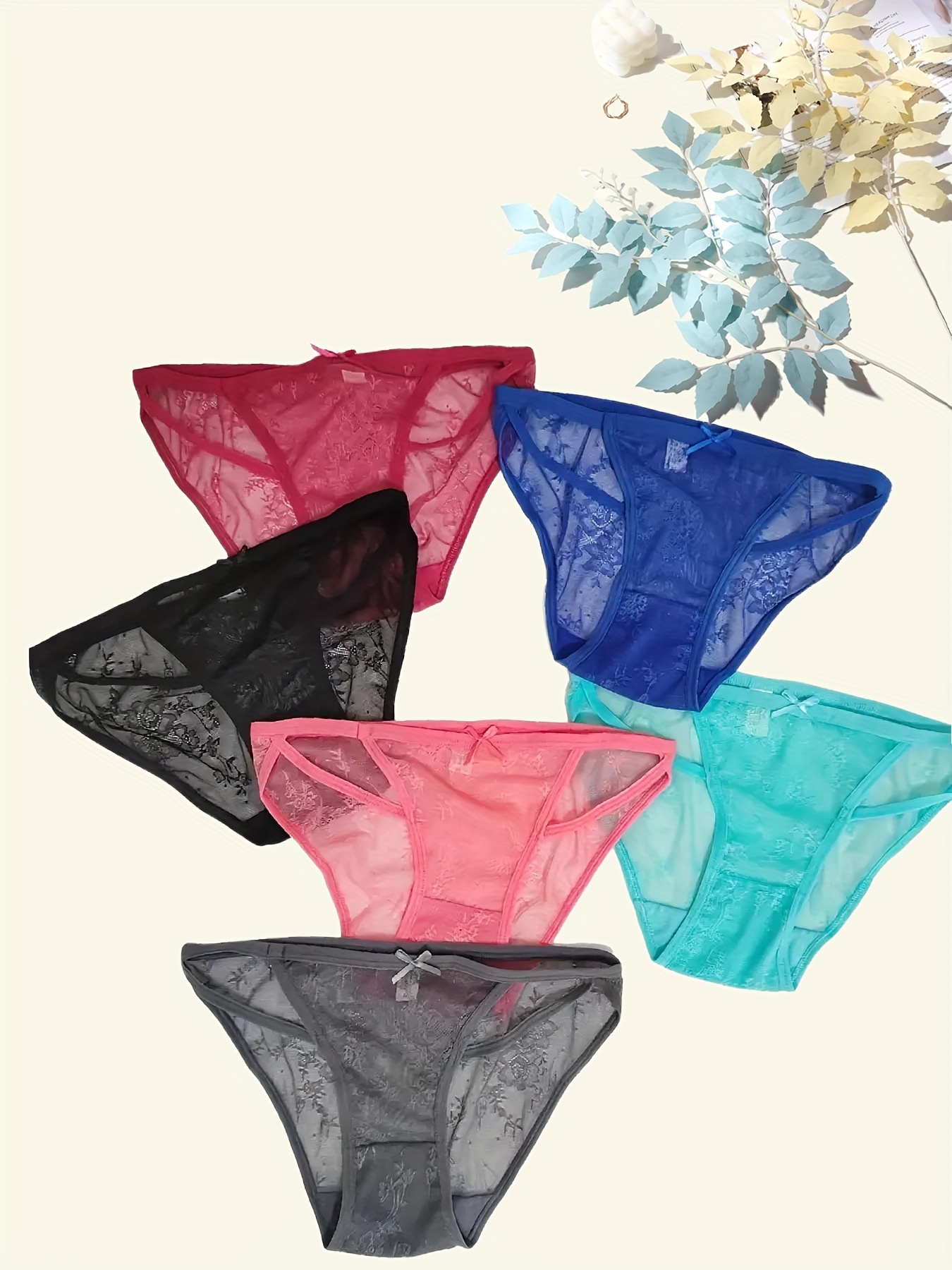 6pcs Floral Lace Mesh Briefs, Cut Out Breathable Semi-sheer Panties,  Women's Lingerie & Underwear