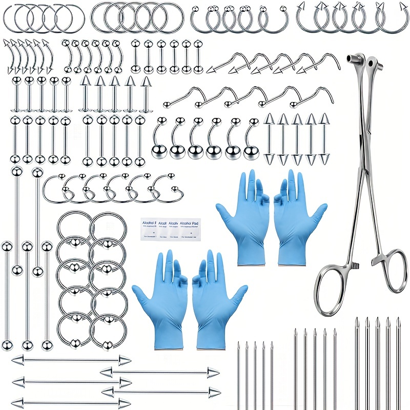 140pcs Piercing Kit Stainless Steel Nose Lip Tongue Eyebrow Industrial  Barbell Belly Button Rings Body Piercing Tools
