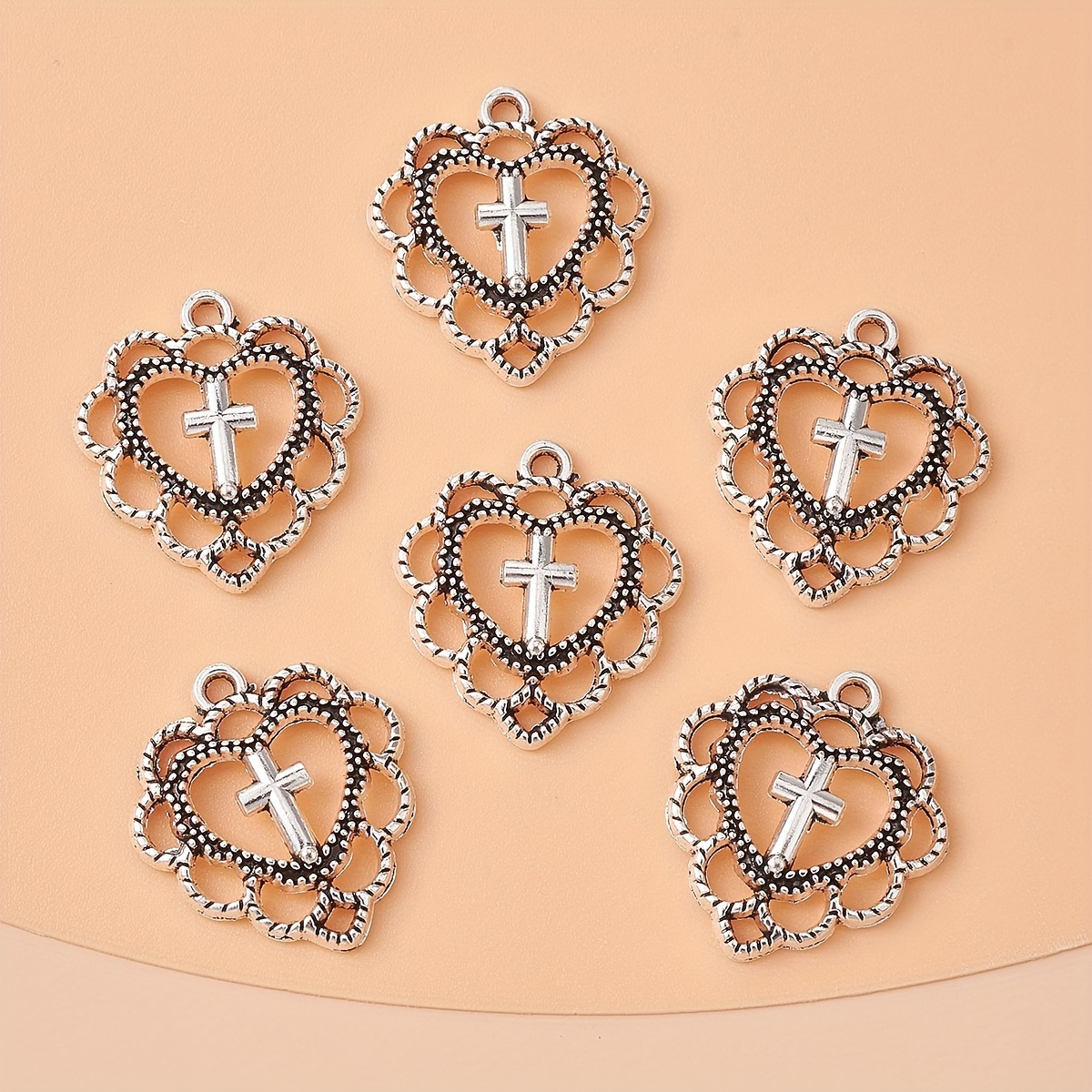 

20pcs Vintage Zinc Alloy Love Cross Hollow Pendant Love Heart Shape Charms Diy Jewelry Accessories For Earrings Bracelet Necklace Making Valentine's Day Gift