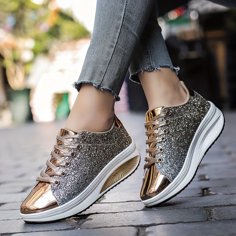 Womens Sparkly Glitter Trainers Sequins Sneakers Lace Up Sports