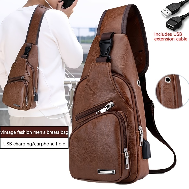 USB Charging Men Multifunction PU Chest Bag Sport Sling Bag