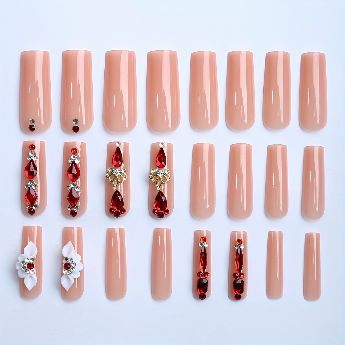 Glossy Long Square Fake Nails Pinkish Press On Nails With 3d - Temu