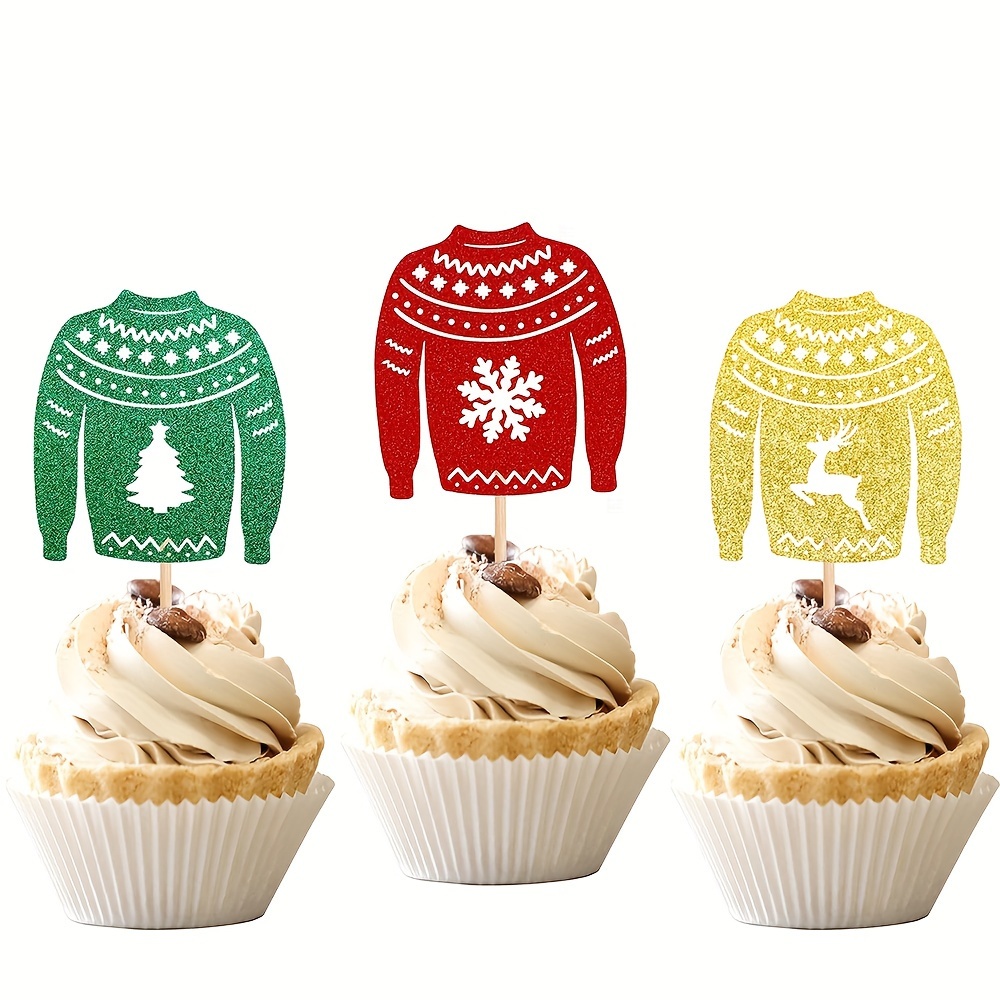 

12-pack Christmas Ugly Sweater Cupcake Toppers, Sparkling Paper Cake Decorations For Holiday Parties, Non-electric, Featherless, Festive Baking Supplies For Desserts & Treats