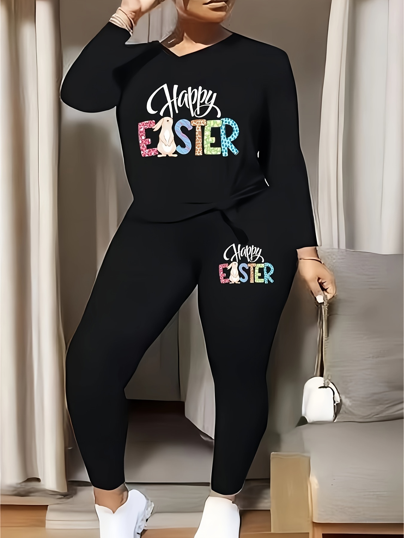 Women's Plus Cute Bunny & Easter Egg Pattern Print Leggings 