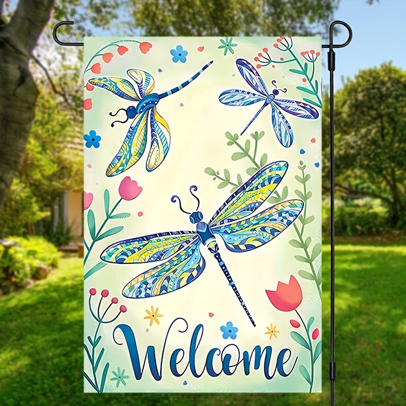 

1pc, Dragonfly Flower Garden Flag, Double Sided Waterproof Yard Flag, Spring Summer Outdoor Decorations, Home Decor, Outdoor Decor, Yard Decor, Garden Decorations, Lawn Decor, Patio Decor