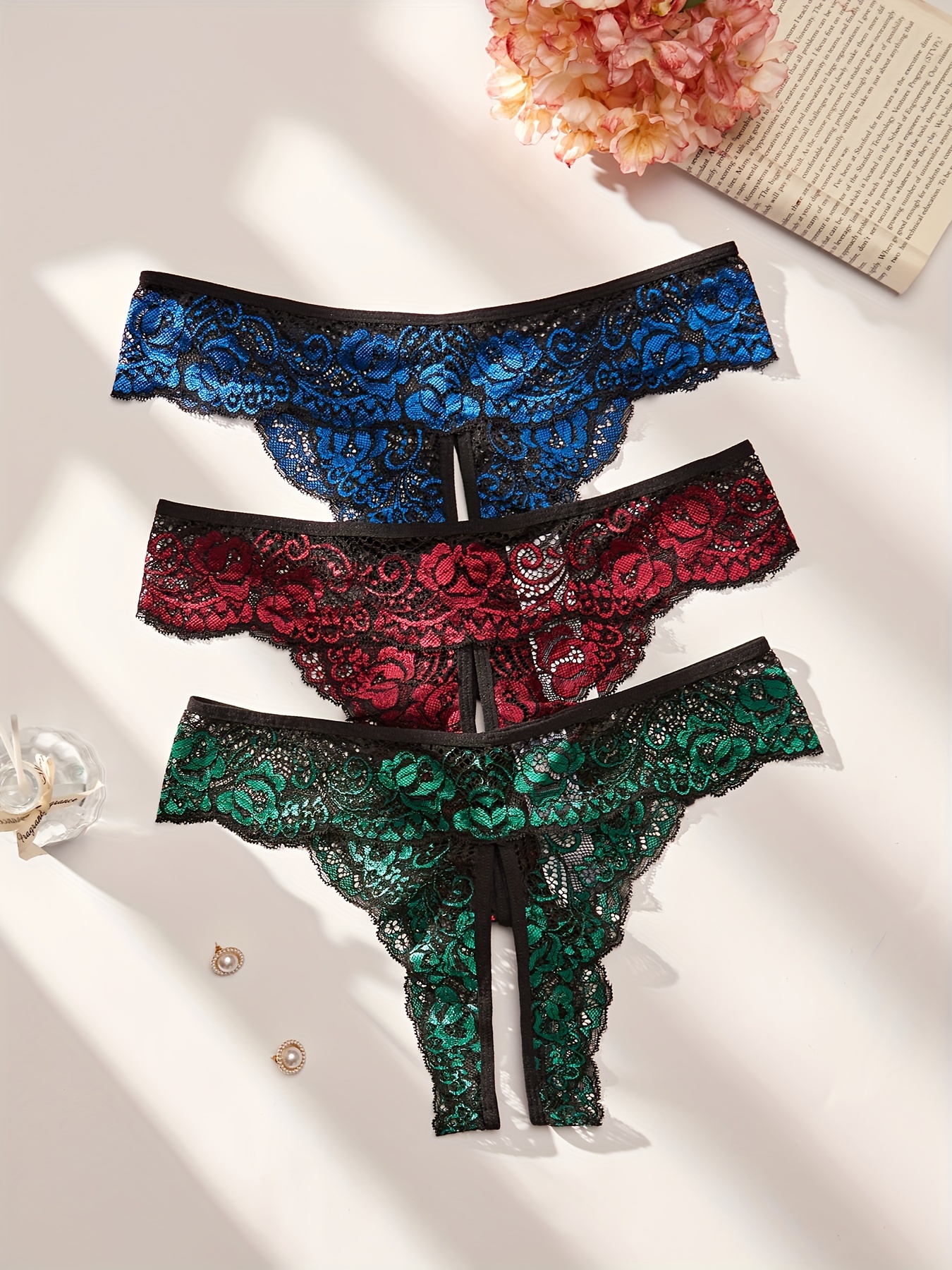 Floral Lace Thongs Open Crotch Intimates Panties Women's - Temu