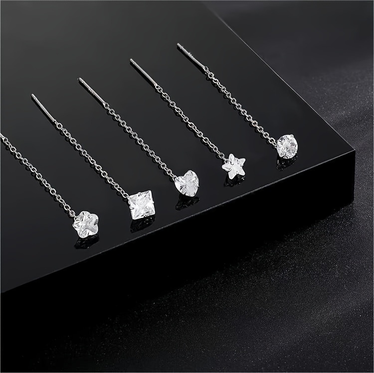 Sterling 925 Silver Hypoallergenic Ear Jewelry Cube Shiny Zirconia Decor Chain Design Dangle Earrings Elegant Simple Style Female Gift details 2