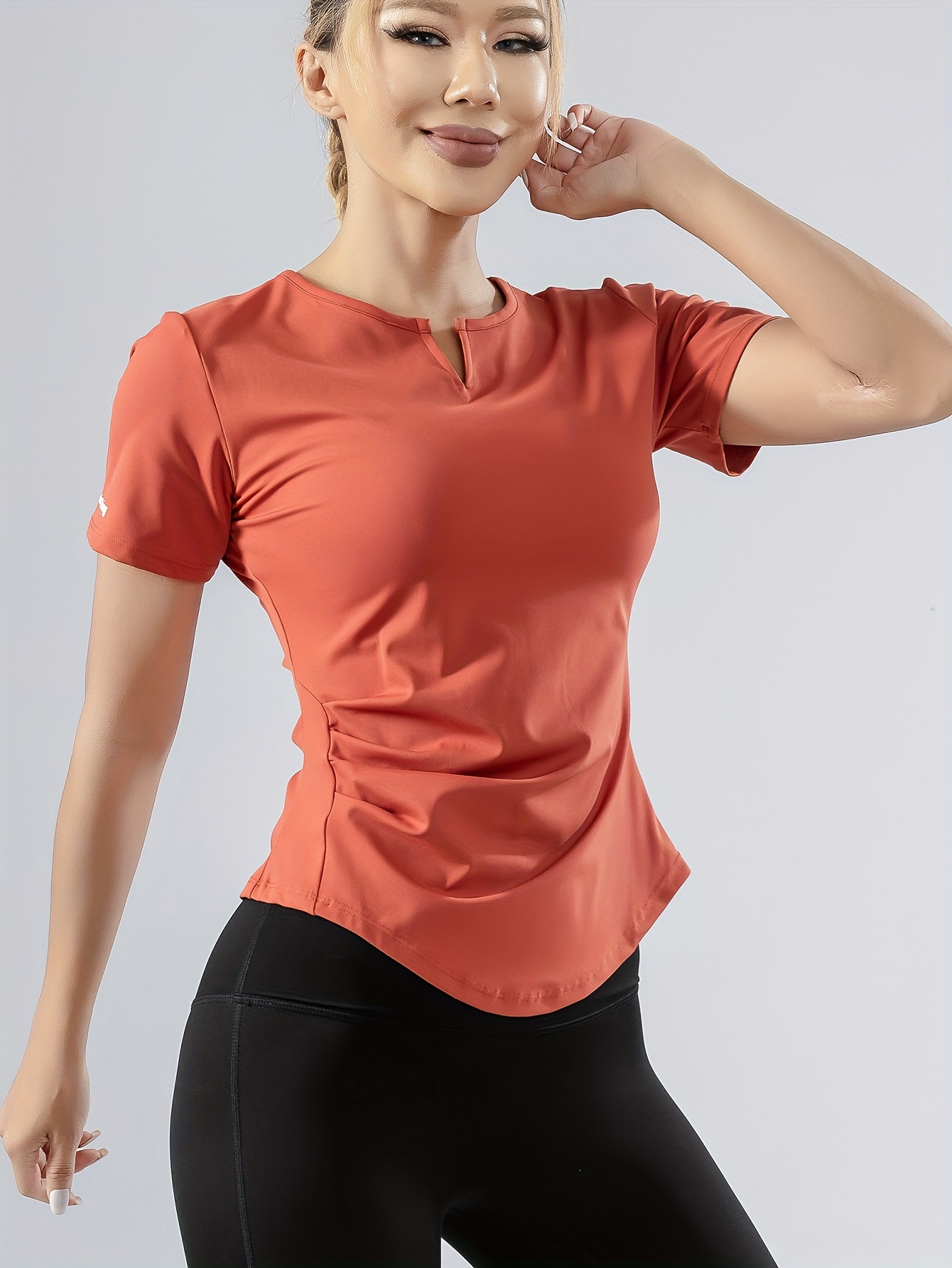 V wire Neck Short Sport T shirts High Stretchy Brick Red - Temu