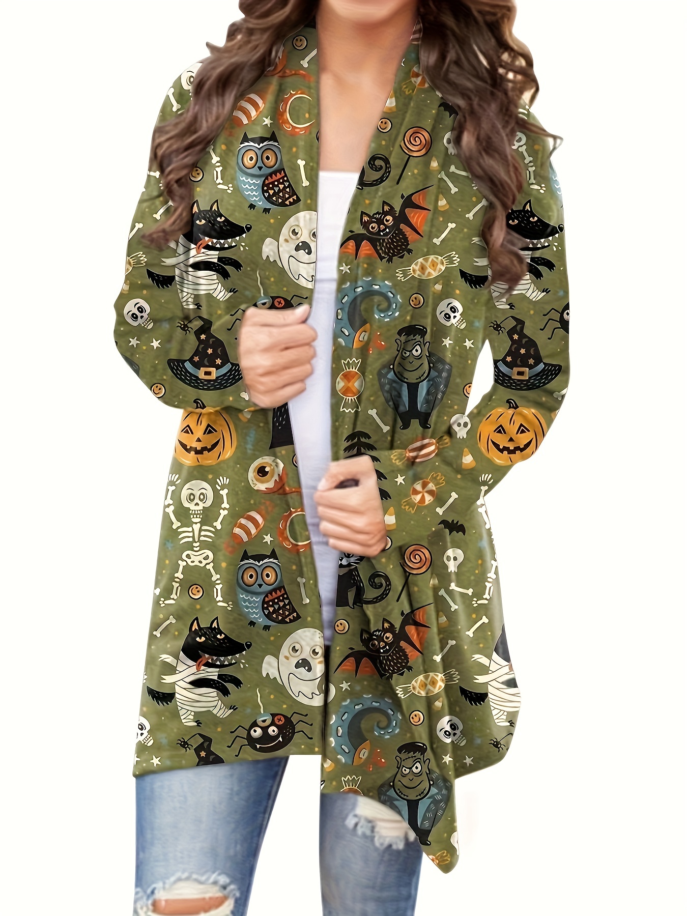 Allover Leaf Print Open Front Cover Long Sleeve Stretchy - Temu