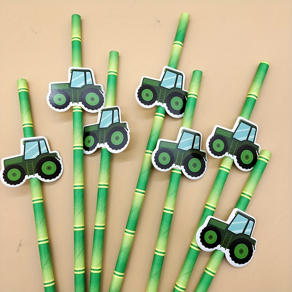 

10pcs Disposable Straws Green Bamboo Cardstock Straws Disposable Degradable Dessert Party Milk Tea Straws, Farm Tractor Car Paper Straws For Boys Farm Tractor Theme