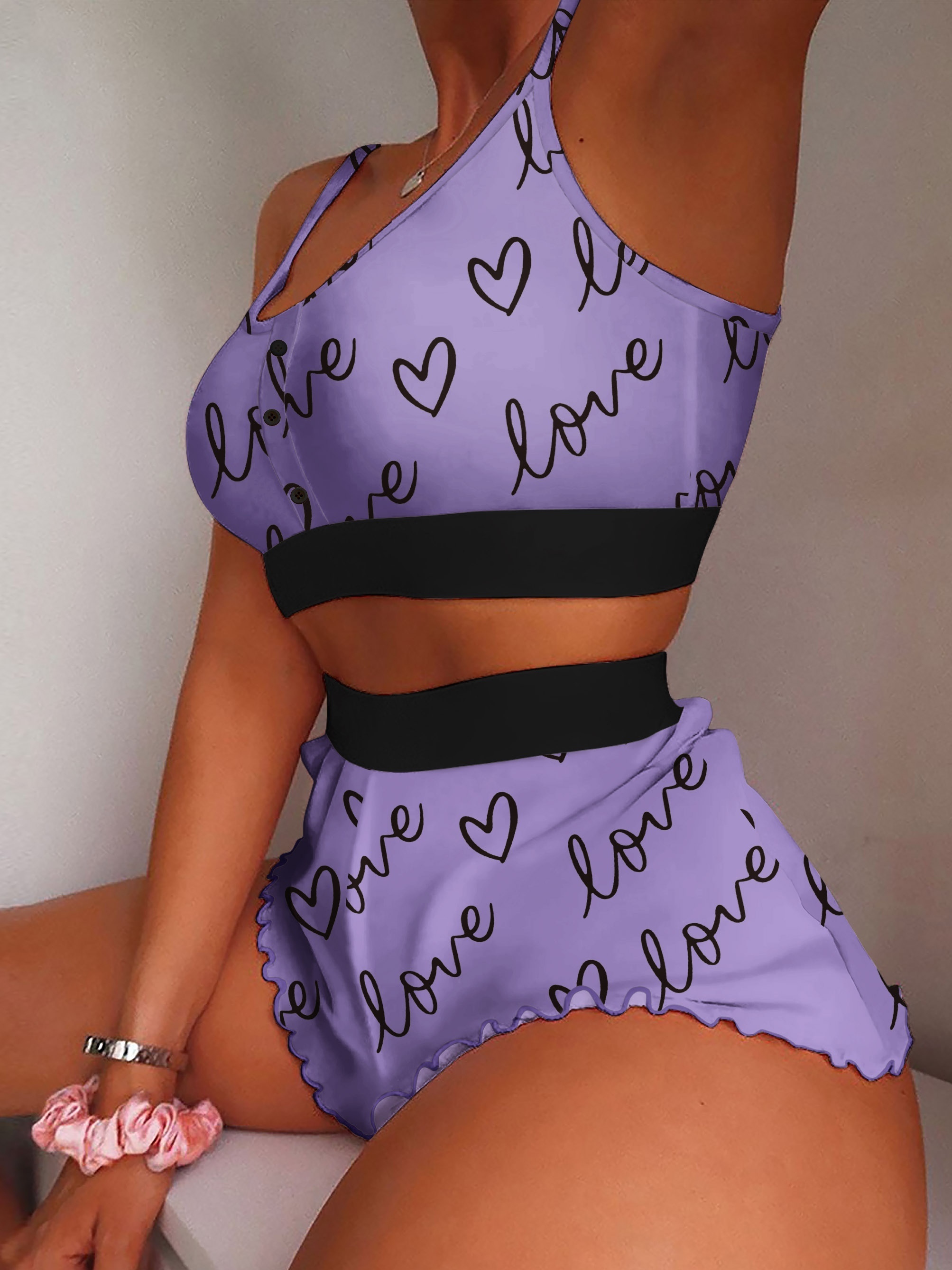 Love Letter Print Pajamas Set Crew Neck Cami Crop Top - Temu