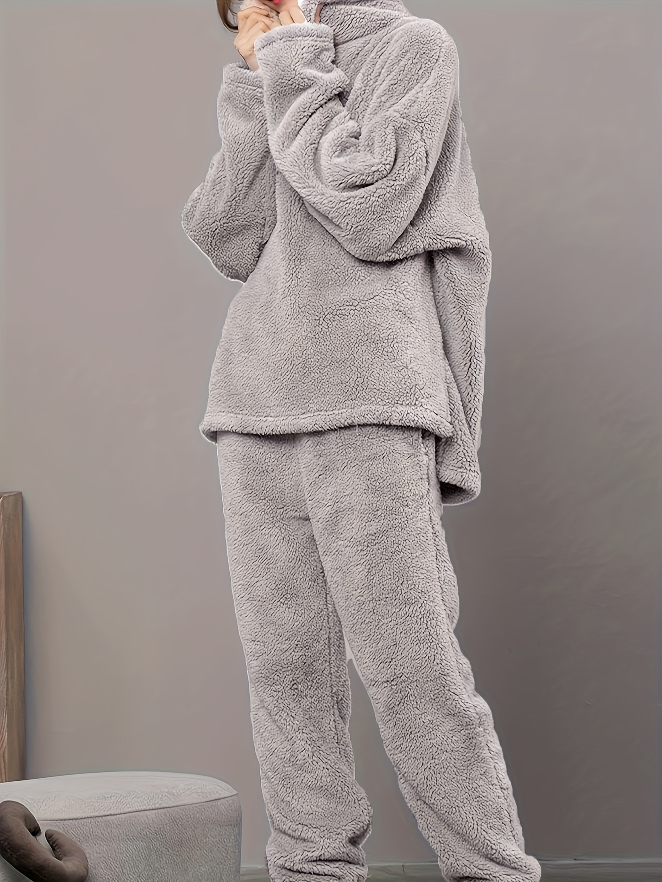 Solid Fuzzy Pajama Set Long Sleeve V Neck Top Elastic - Temu
