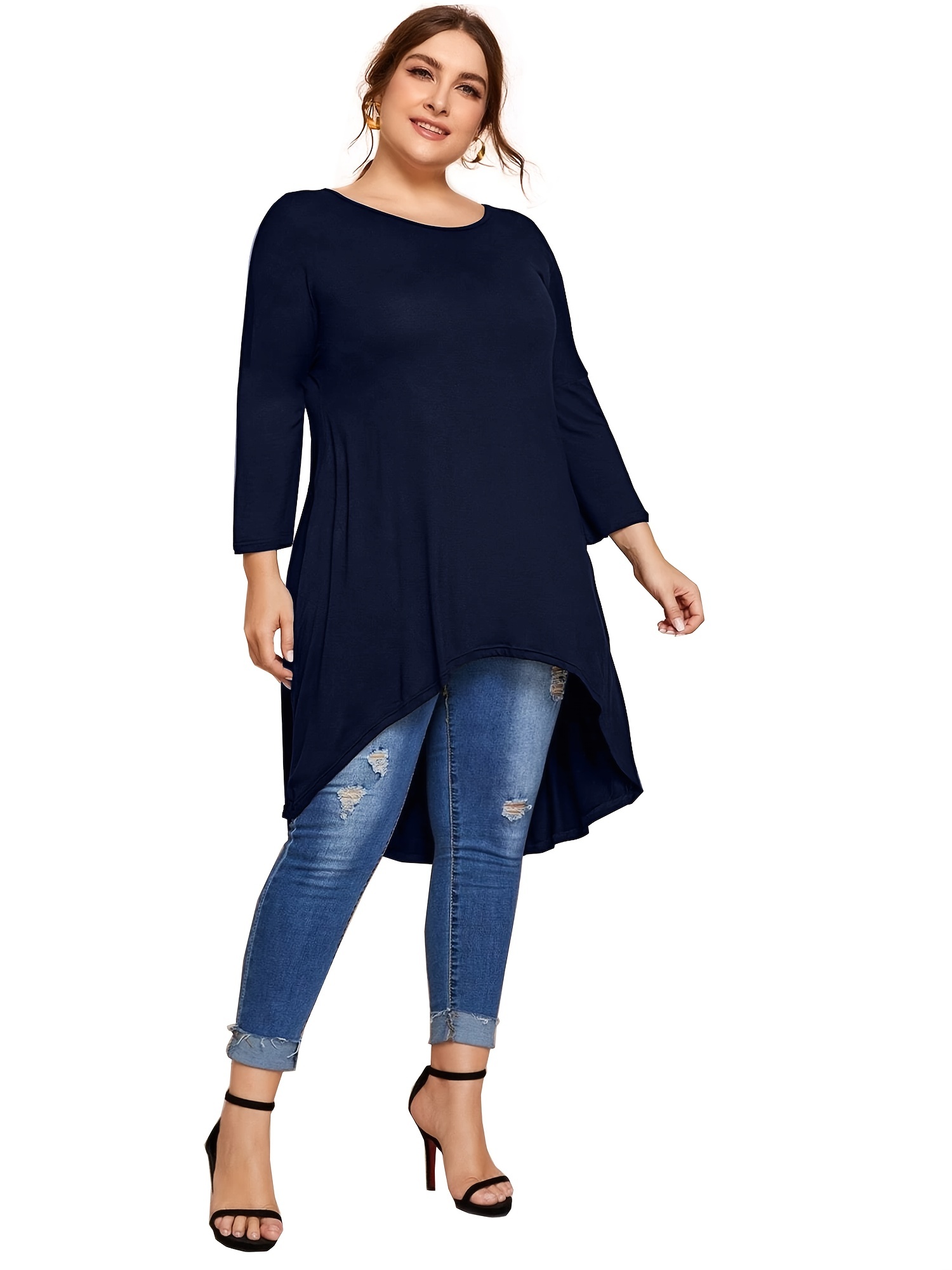 Plus Size Solid Round Neck Irregular Hem Long Sleeve Peplum - Temu