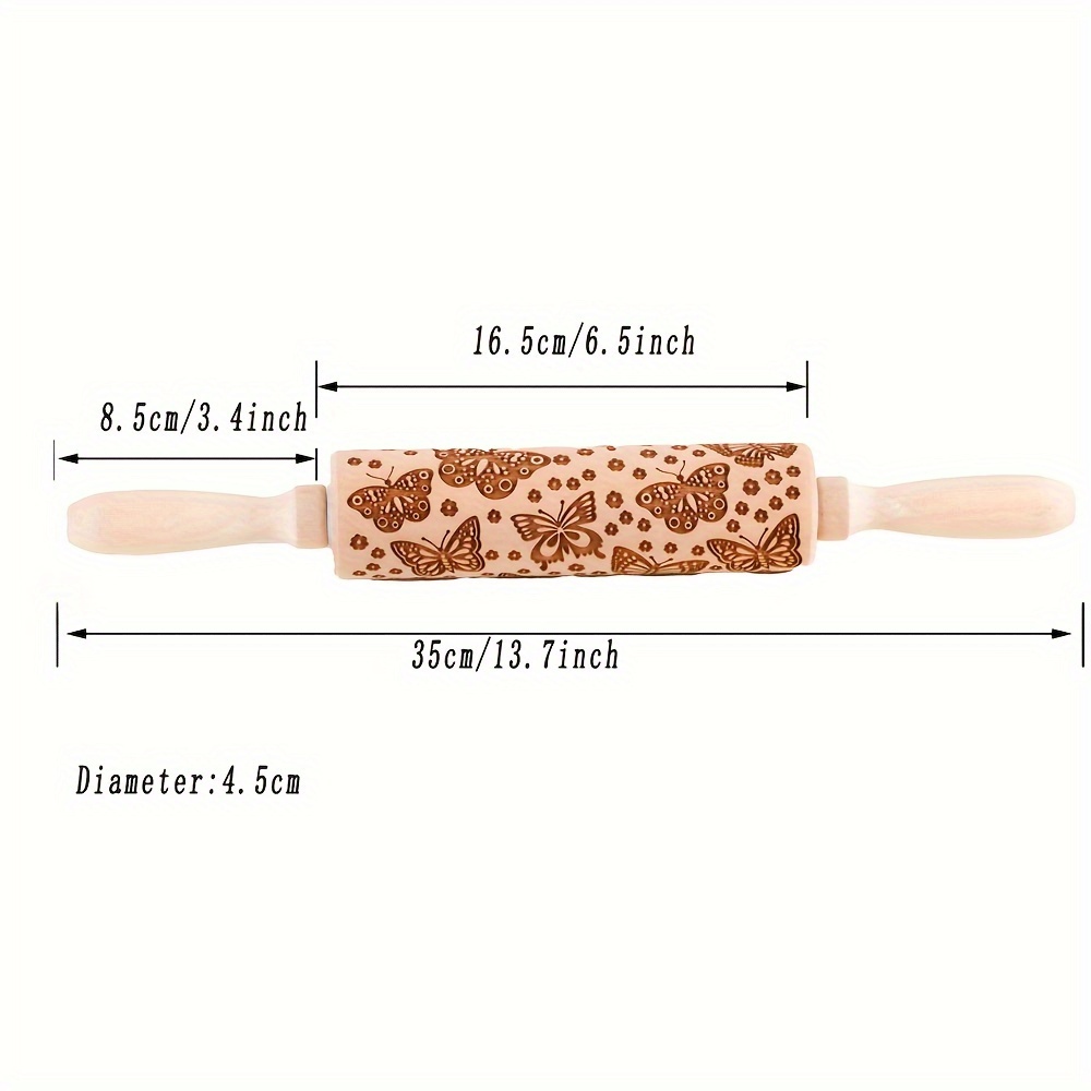 1pc, 13.7inch Wooden Butterfly Embossed Rolling Pin, Deep Laser Engraving  Wooden Roller Biscuit Stamp Tool For Pastry, Cake Baking And Clay Art,Variou