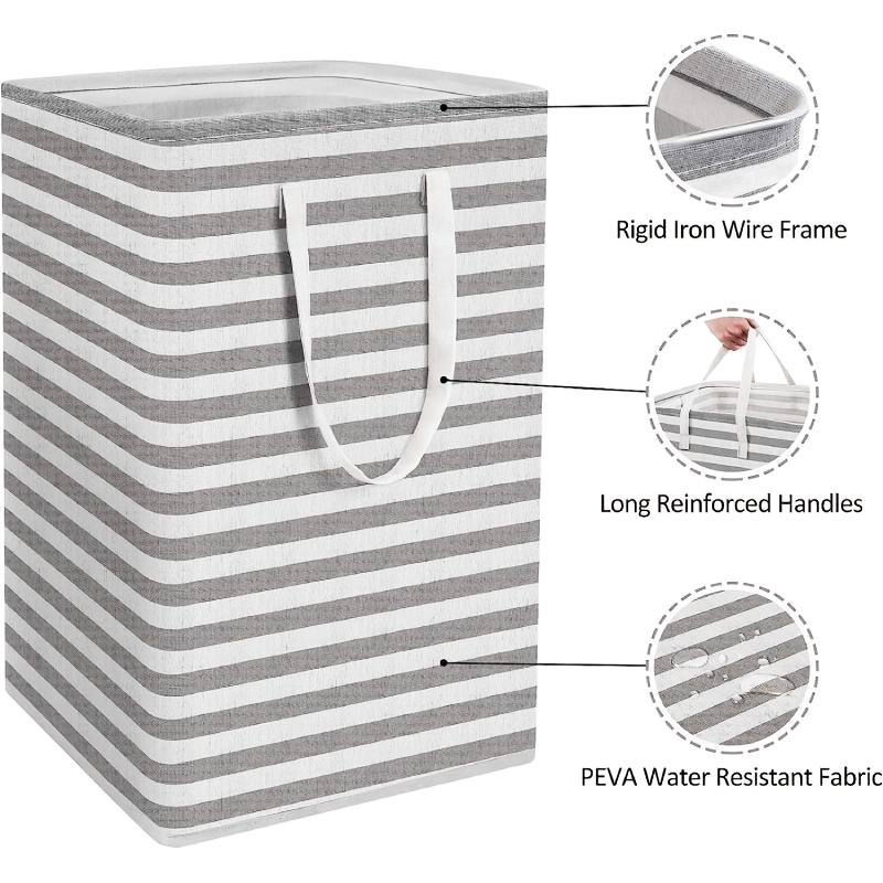 EZY Storage White & Gray Stripe Collapsible Laundry Basket