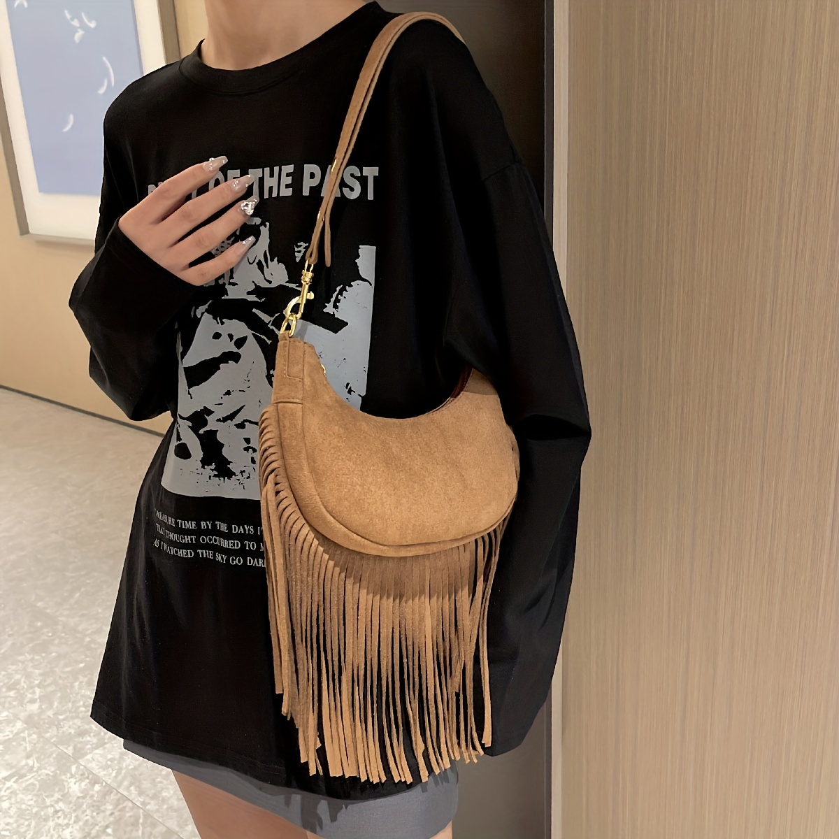 Black Boho Fringe Crossbody Flap Purse for Girls