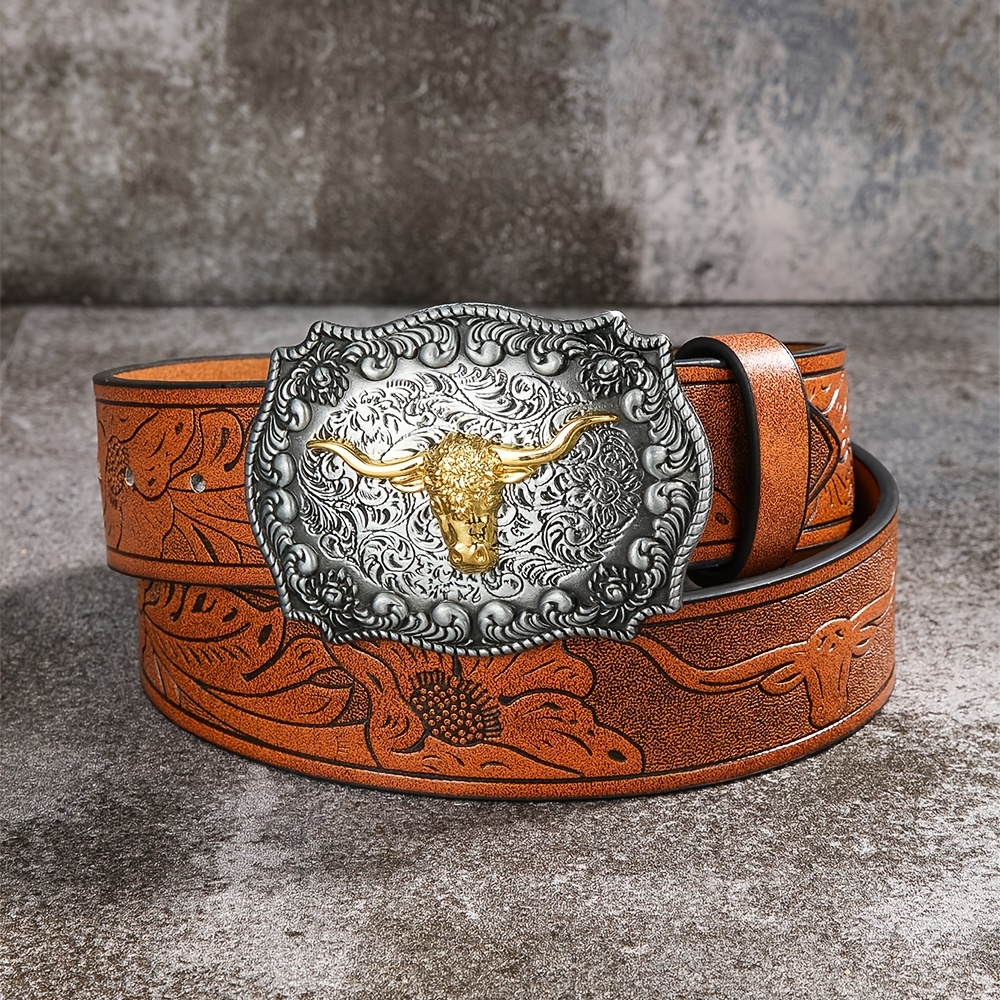 Men's Trendy Rhinestone Bull Head Pattern Buckle Belt, Genuine