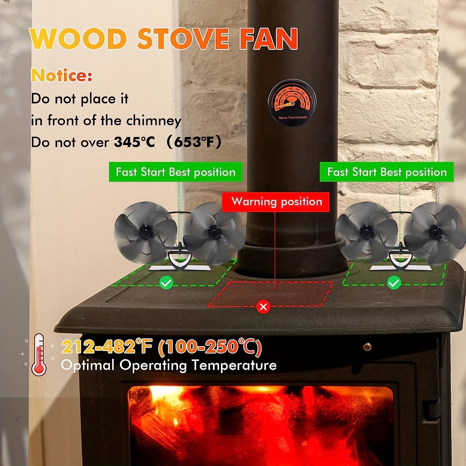  JossaColar Ventilador de estufa de leña de doble motor,  ventilador térmico no eléctrico con termómetro de estufa de leña y  accesorios : Hogar y Cocina