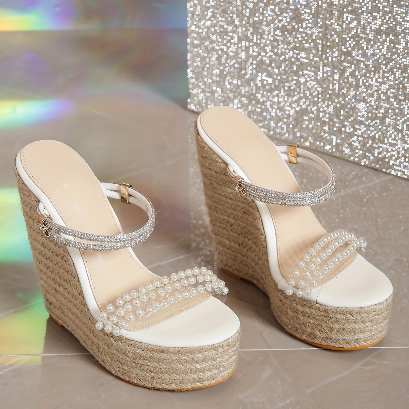 Women's Platform Wedge Espadrille Sandals Rhinestone Faux - Temu